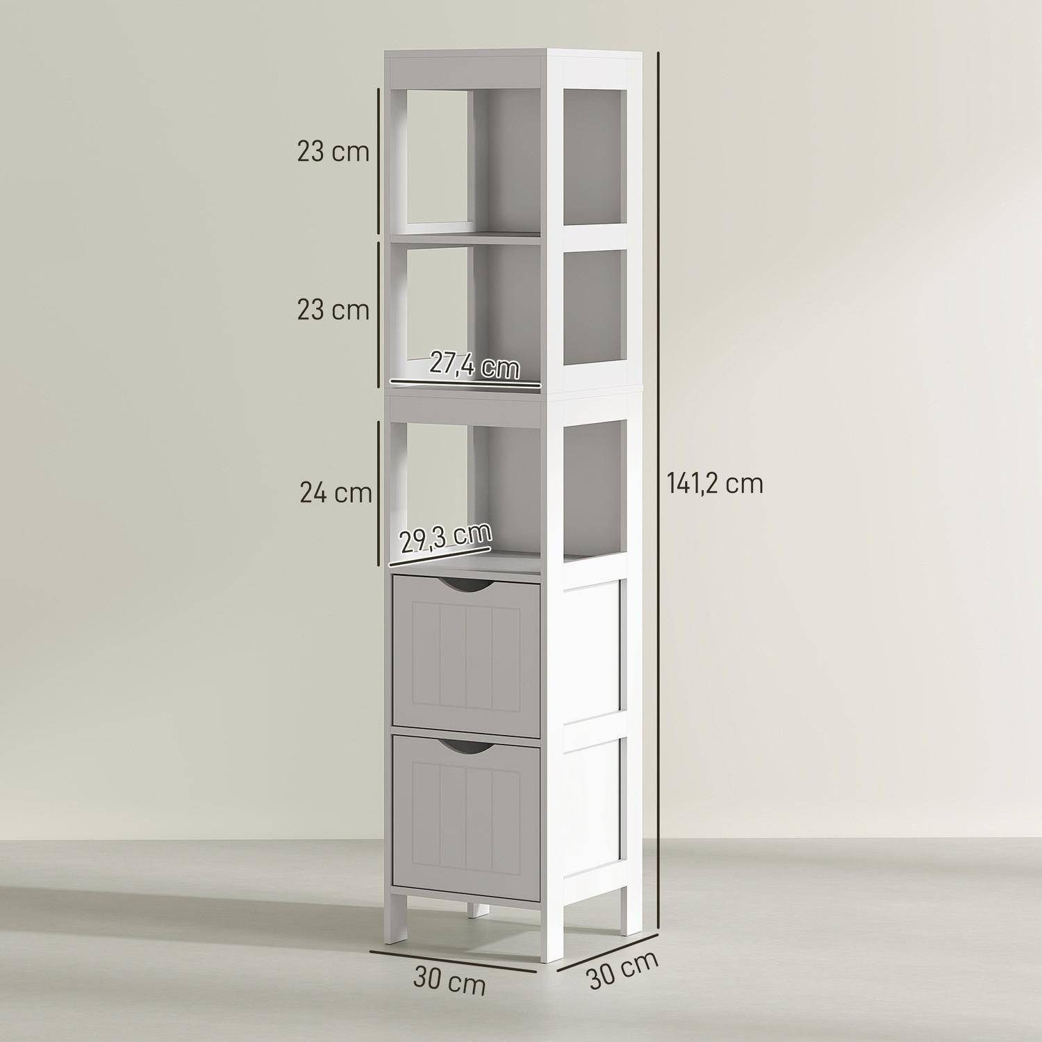 Northio Badezimmerschrank schmal, Hochschrank Toilettenschrank mit 2 Schubladen und 3 offenen Fächern, Badschrank für kleine Räume Badezimmer, Wohnzimmer 30 x 30 x 141,2 cm Weiß Aosom