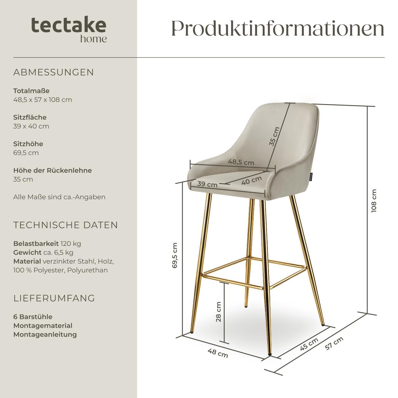 Tectake Barstuhl Avane mit Rückenlehne, gepolstert, Samtoptik 6er Set