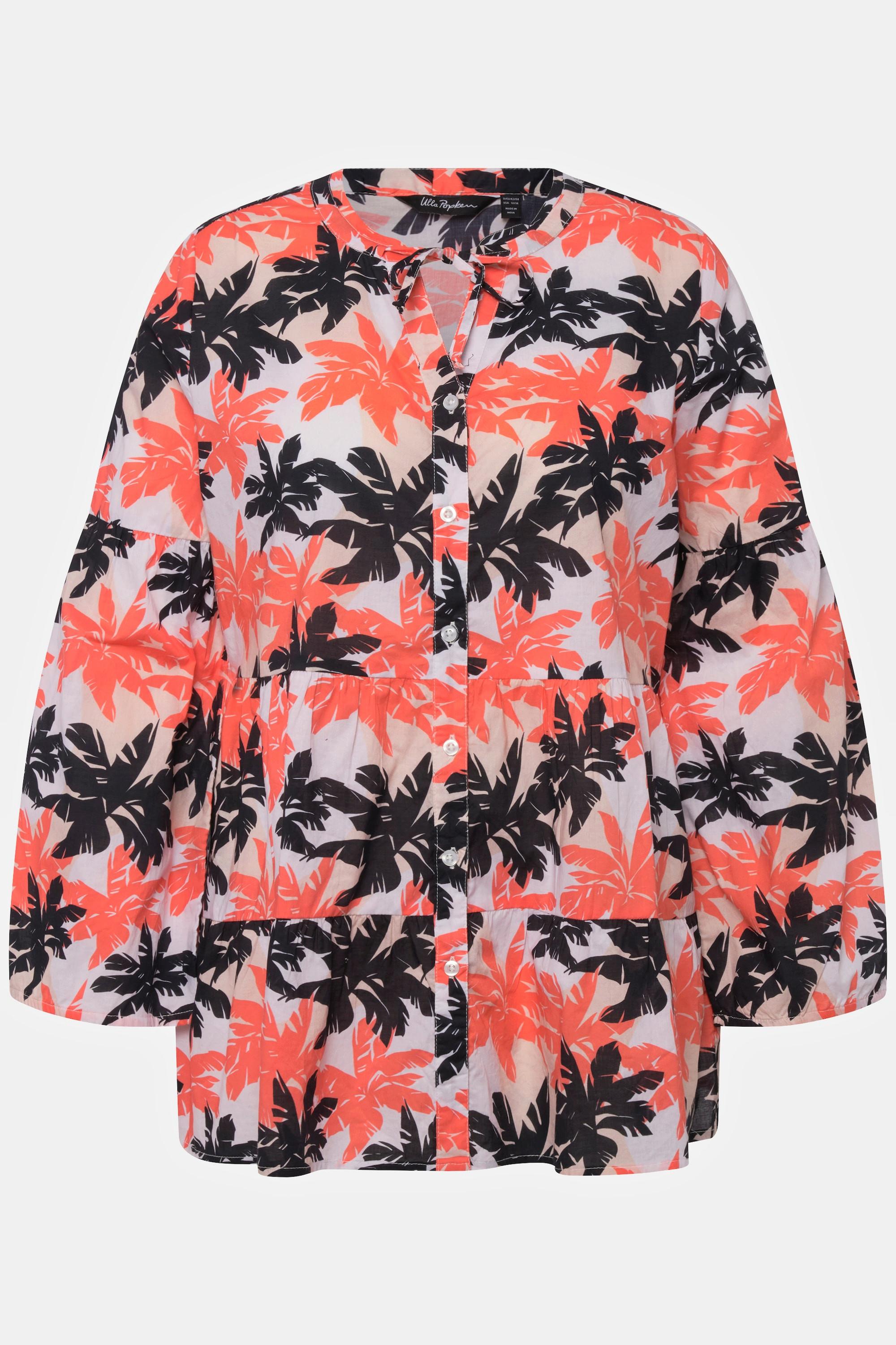 Ulla Popken Tunika Palmen A-Linie Volants Rundhals Langarm