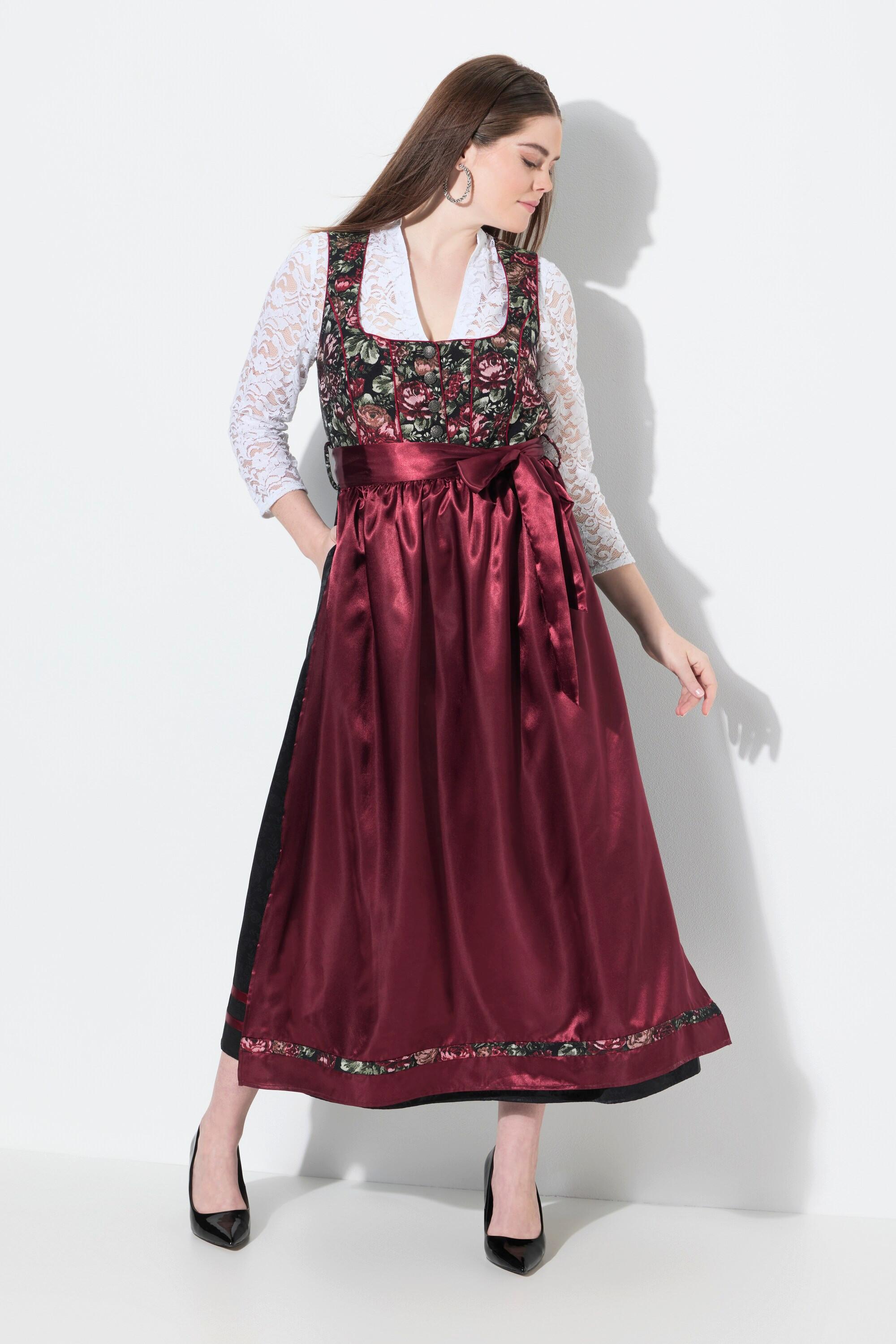 Ulla Popken Dirndl Blüten Carré-Ausschnitt Satinschürze Ärmellos