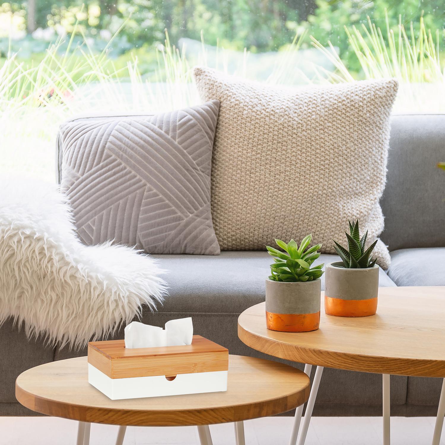 B2X Weiße Taschentuchbox mit Bambusdeckel