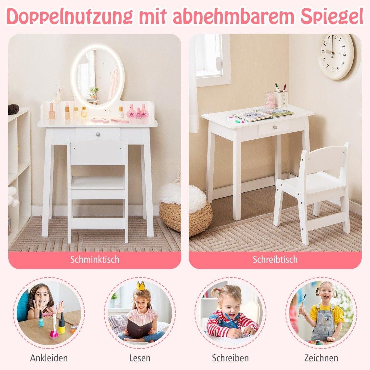 Northix Schminktisch für Kinder mit beleuchtetem Spiegel Make-up-Tisch mit Stuhl Weiß