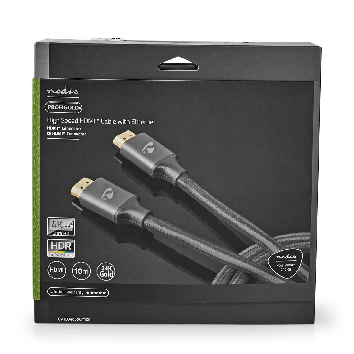 Nedis High Speed HDMI™ Kabel mit Ethernet | HDMI™ Connector | HDMI™ Connector | 4K@30Hz | ARC | 18 Gbps | 10.00 m | Rund | Baumwolle | Grau mit Metall | Schloss