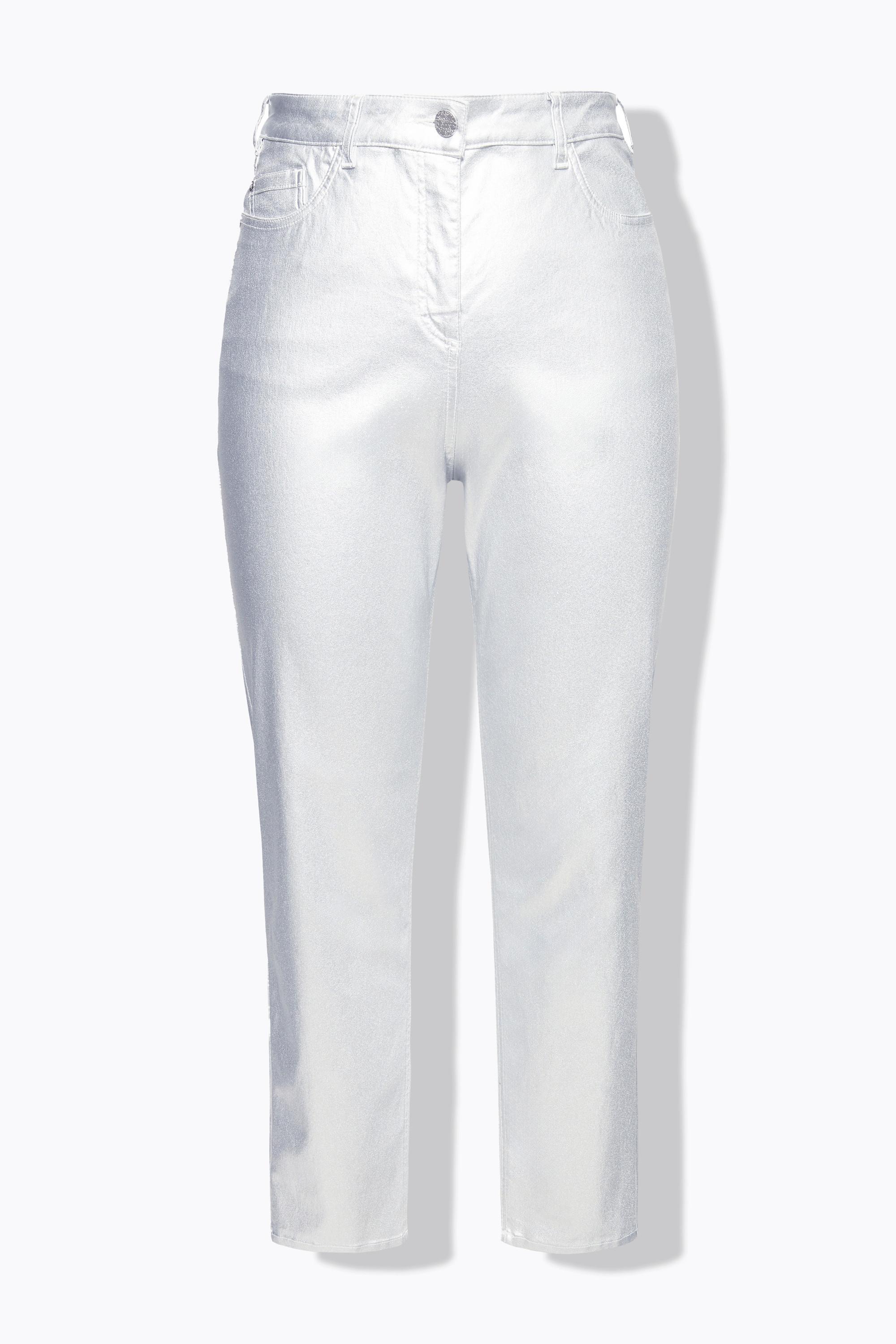 Ulla Popken Mom Jeans Silber-Coating Komfortbund 5-Pocket-Hose
