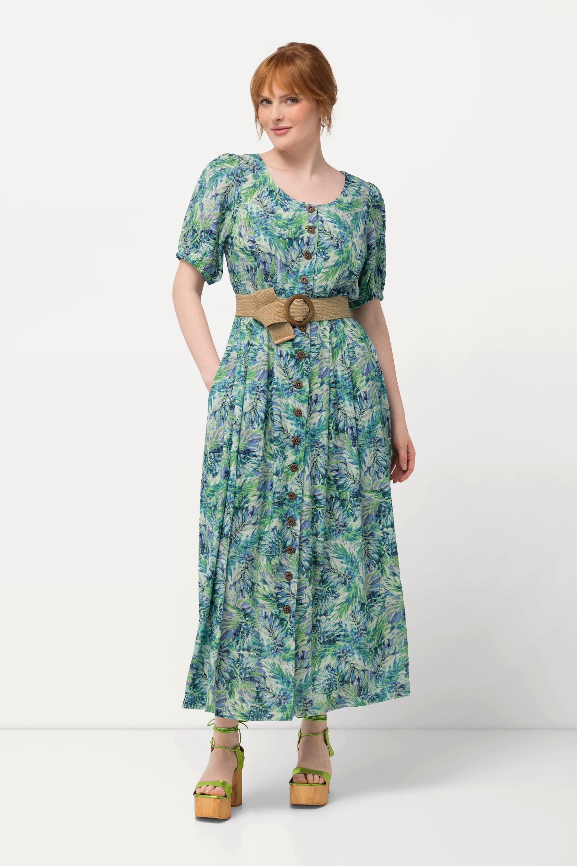 Ulla Popken Blätter Leinenmix Rundhals Halbarm Kleid