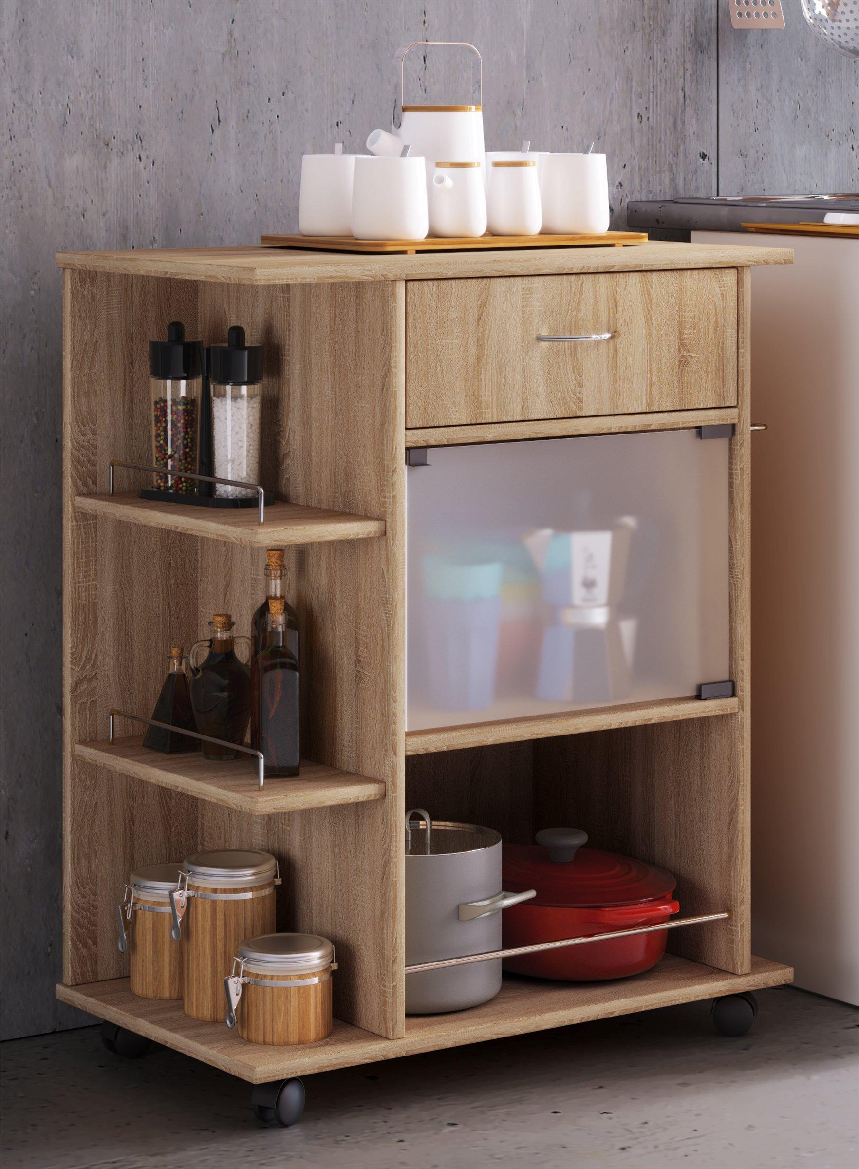 VCM Holz Küchenwagen Servierwagen Rollwagen Ablage rollbar Rollen Schublade Pocis