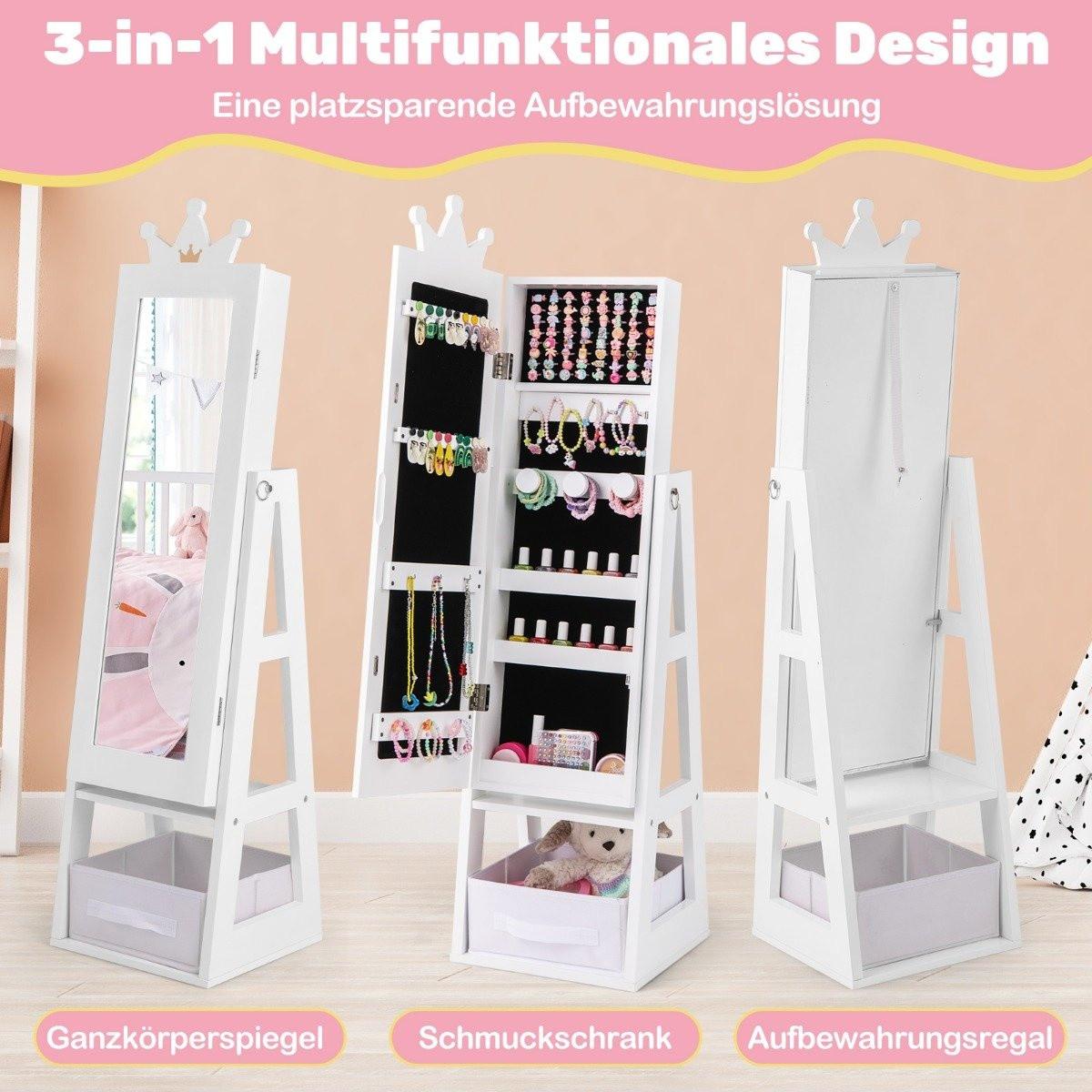Northix Kinder Schmuckschrank 3 in 1 Spiegelschrank neigbar mit Ganzkörperspiegel Weiß