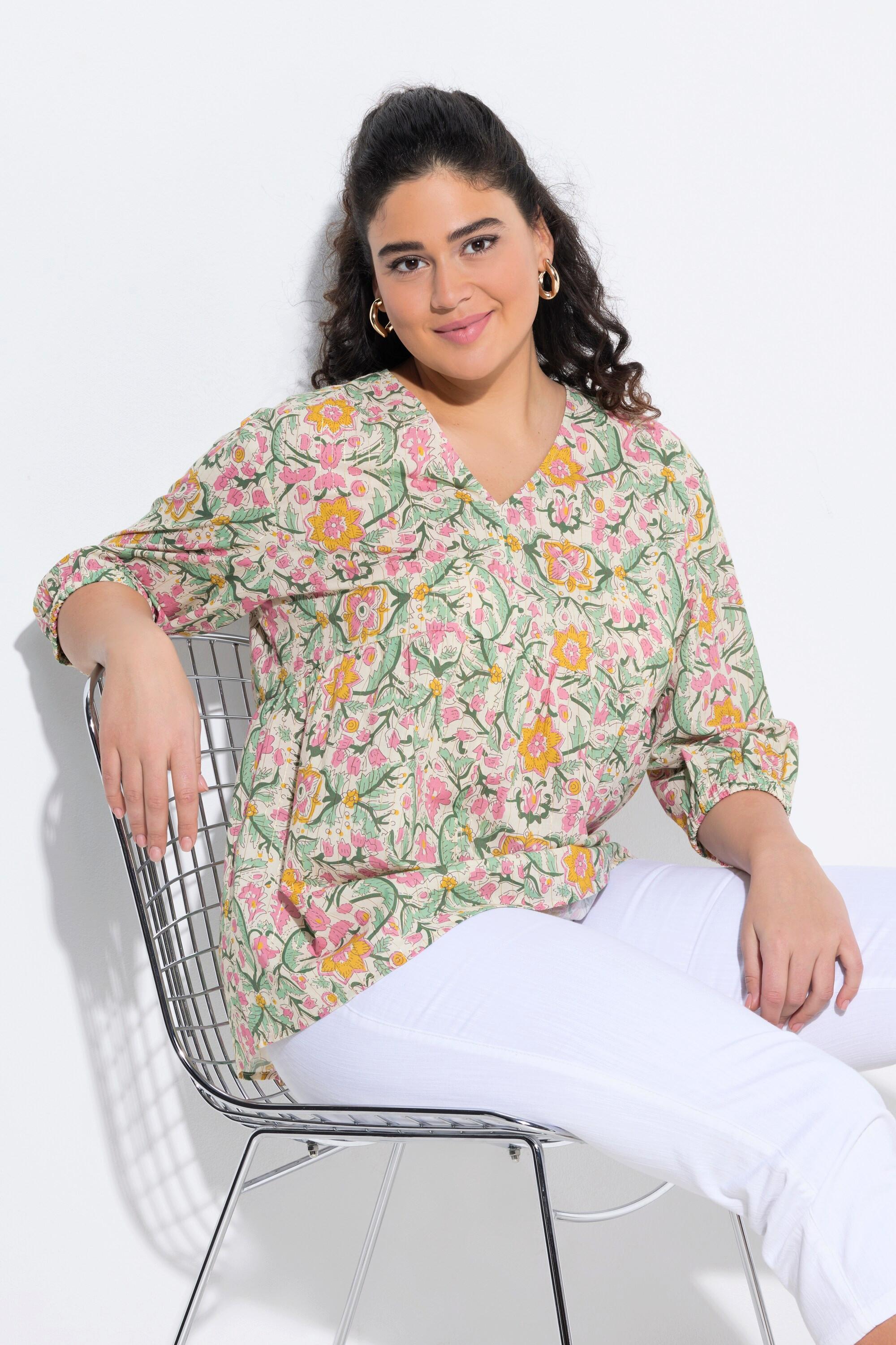 Ulla Popken Bluse, Blüten, A-Linie, V-Ausschnitt, 3/4-Arm