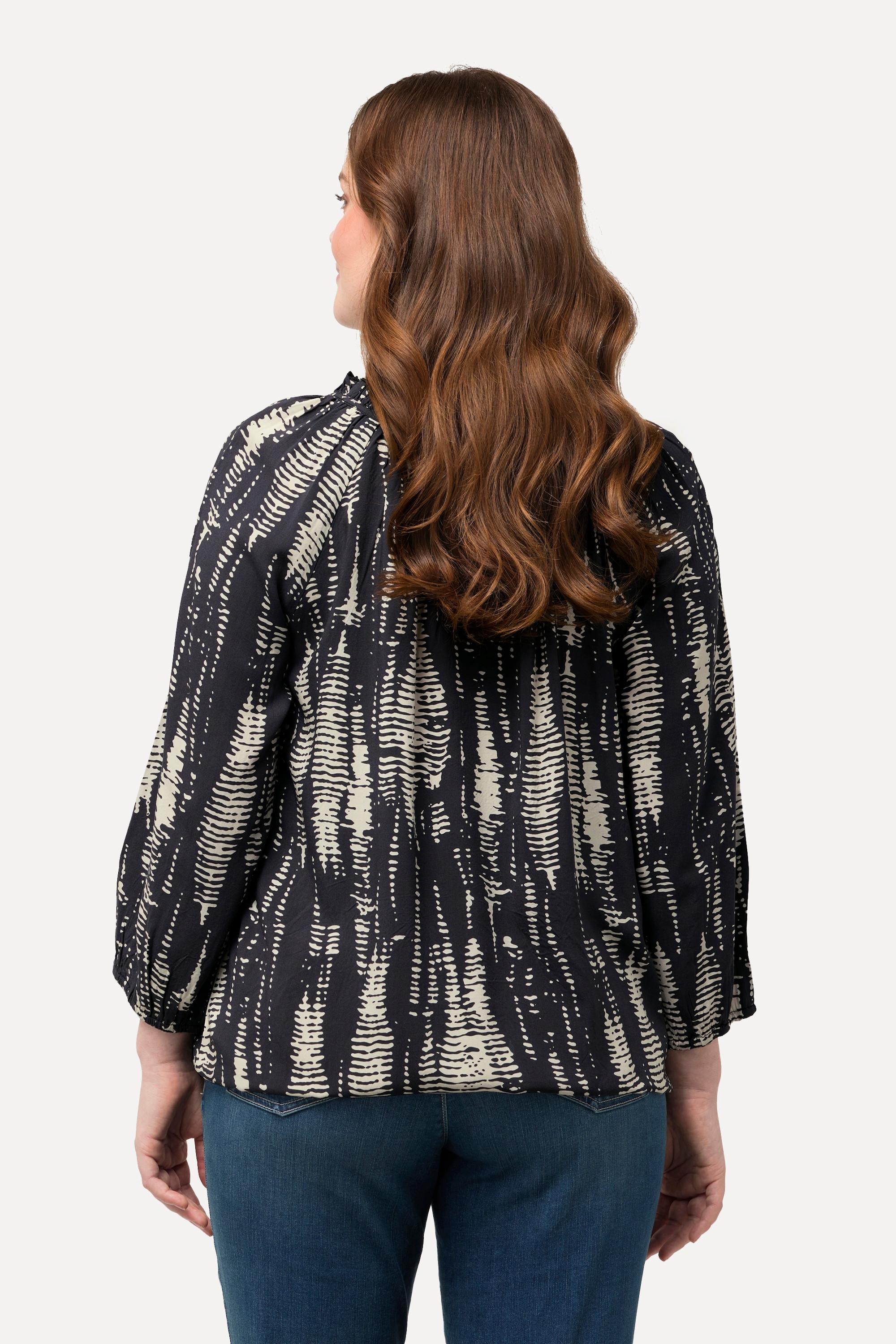 Ulla Popken Musterstreifen Rüschenbluse mit Elastiksaum und 3/4-Ärmeln