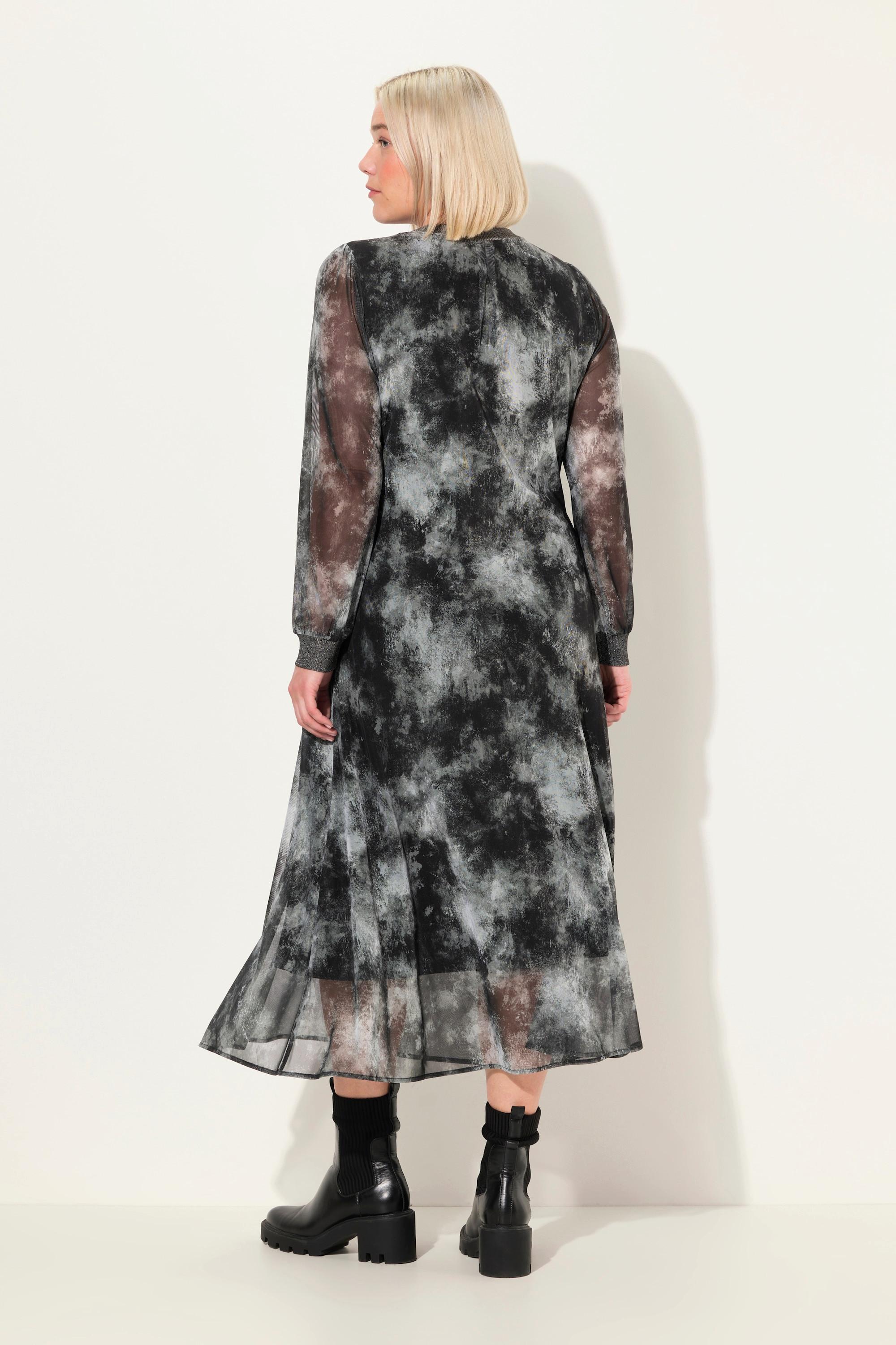 Ulla Popken Smok Midikleid Batikmuster V-Ausschnitt Langarm