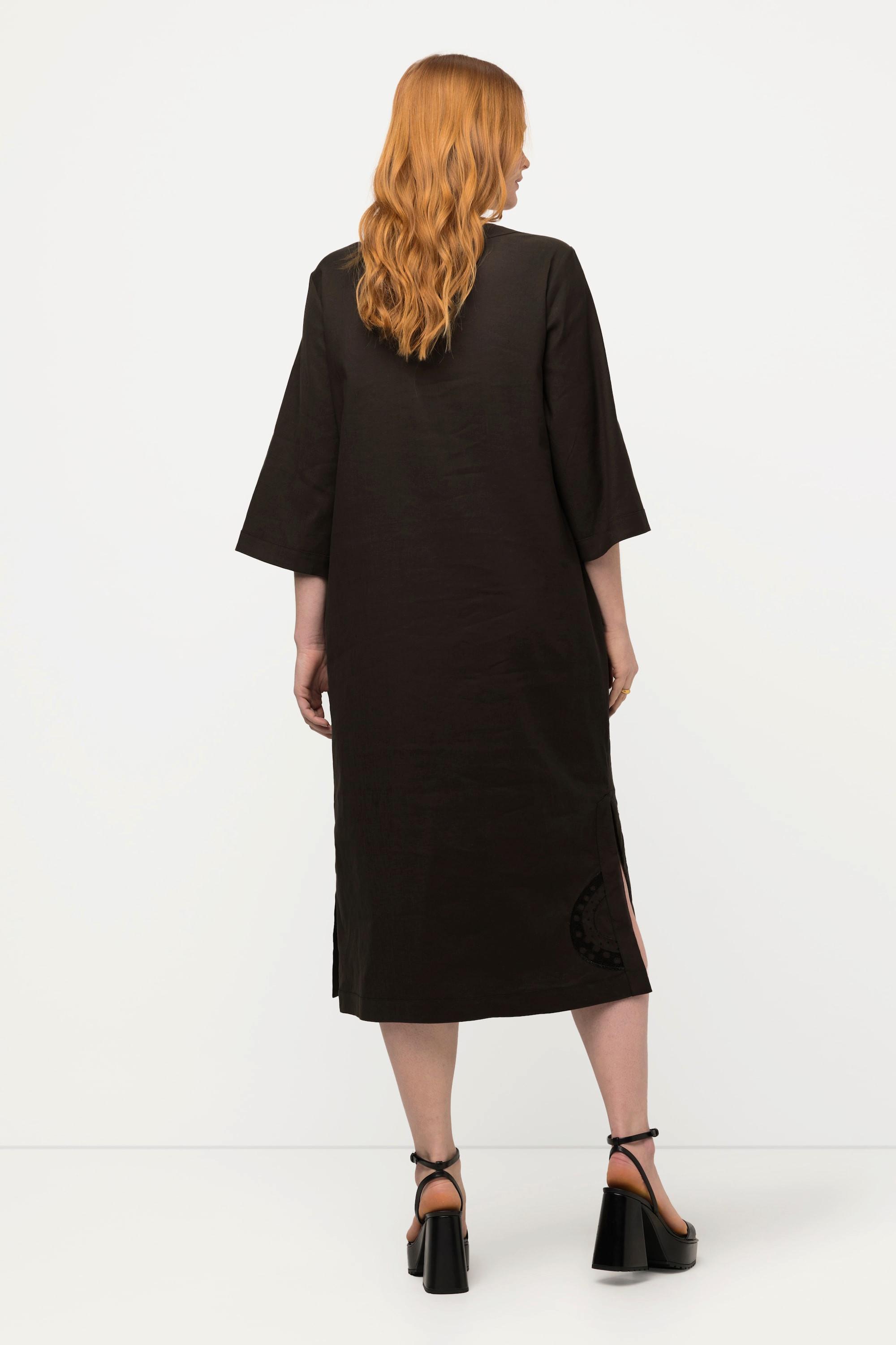 Ulla Popken Midikleid Leinenmix Stickerei V-Ausschnitt 3/4-Arm