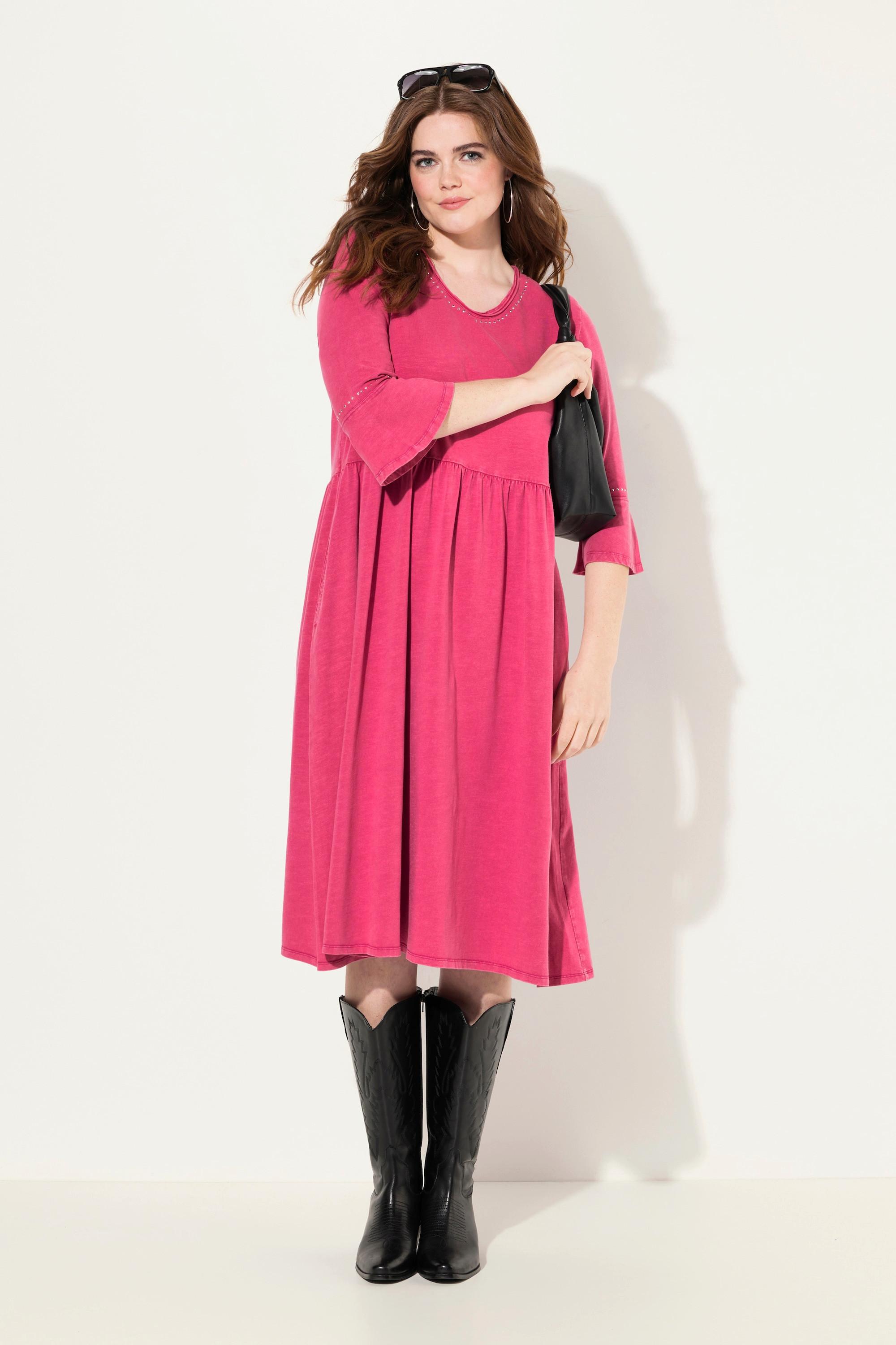 Ulla Popken Jerseykleid A-Linie Rollkanten V-Ausschnitt 3/4-Arm