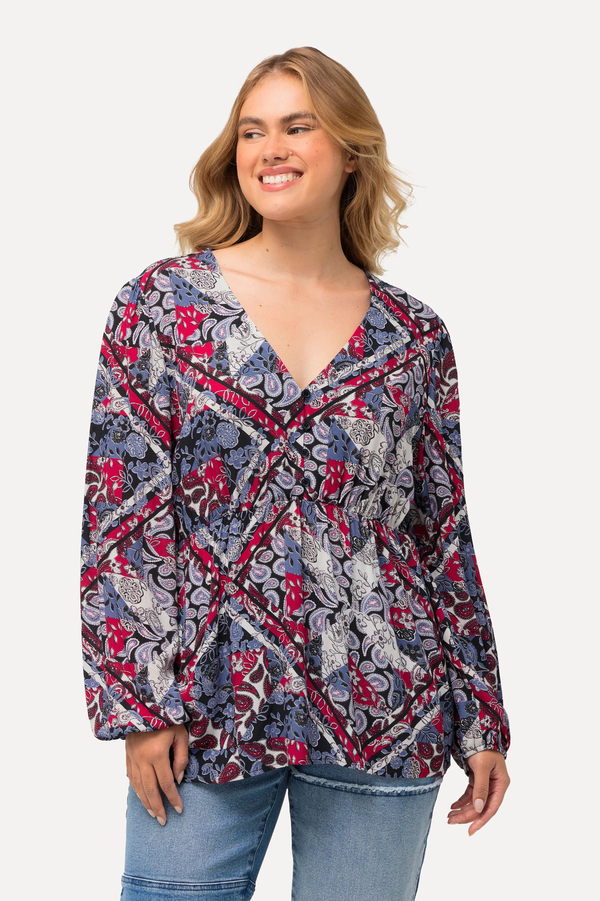 Ulla Popken Patchmuster Schösschen V-Ausschnitt Langarm Bluse