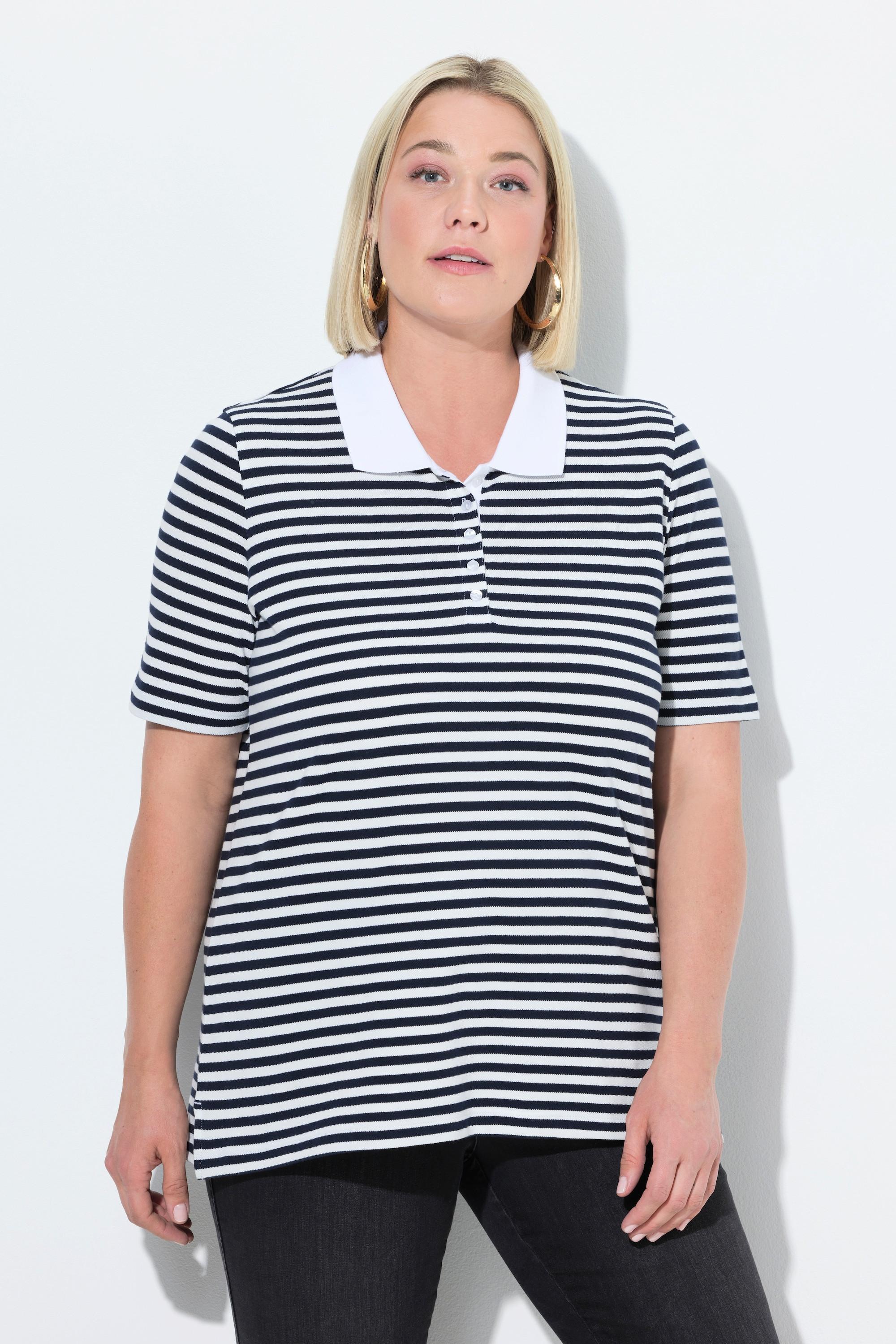 Ulla Popken Poloshirt Classic Fit Piqué Ringel Halbarm
