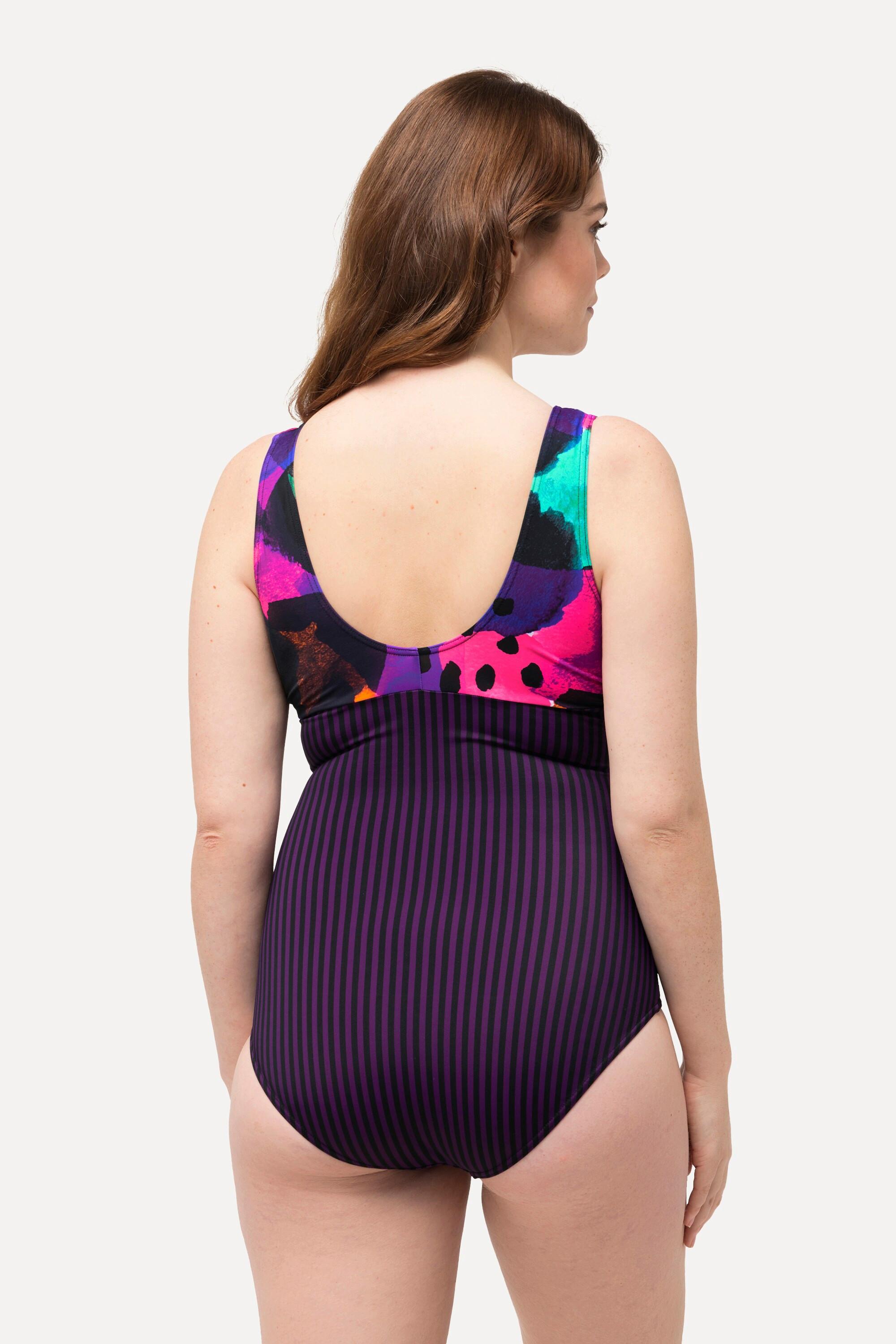 Ulla Popken Badeanzug, Neondruck, Streifen, Softcups, Ring