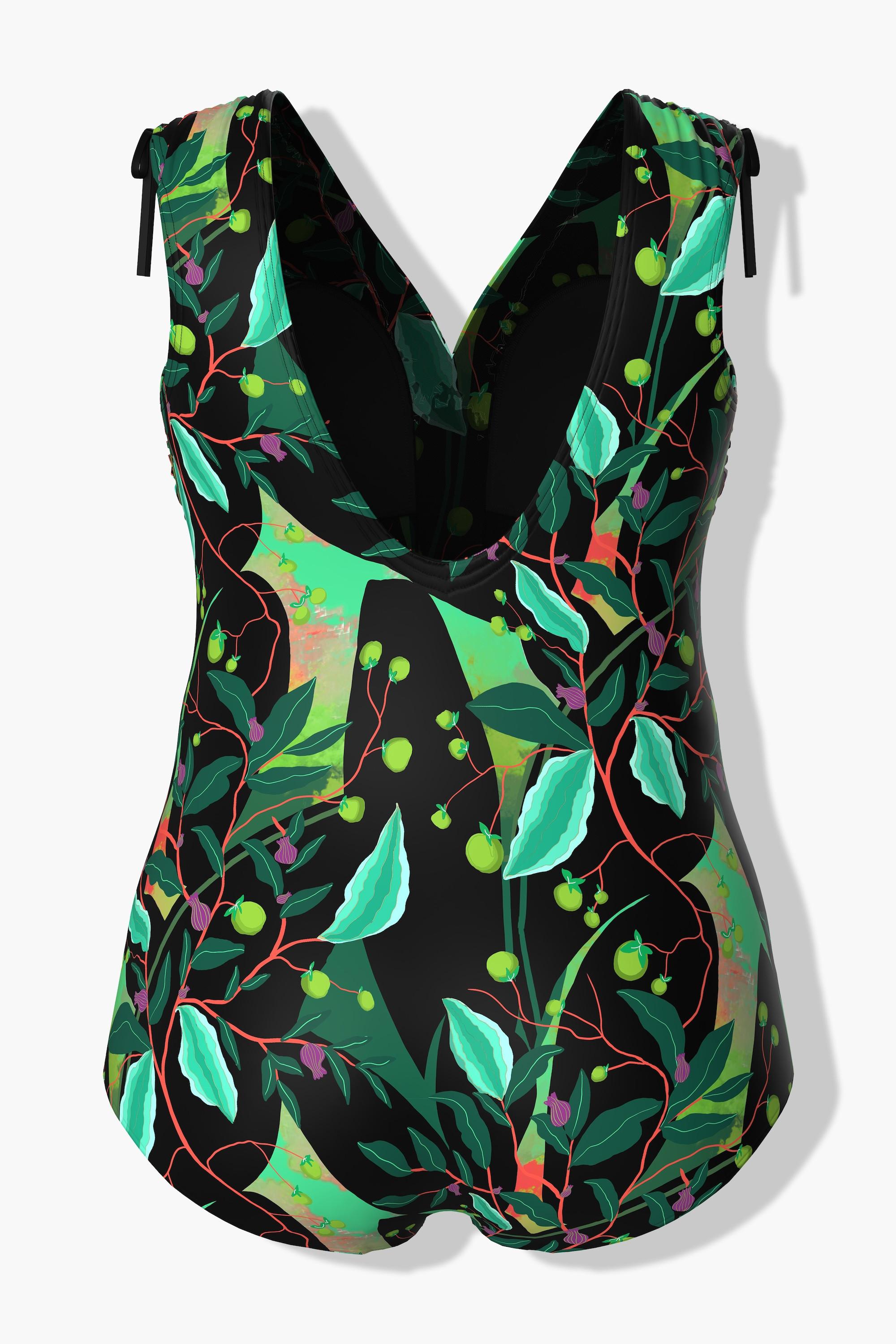 Ulla Popken Badeanzug, Blätter, geraffte Schulter, Softcups