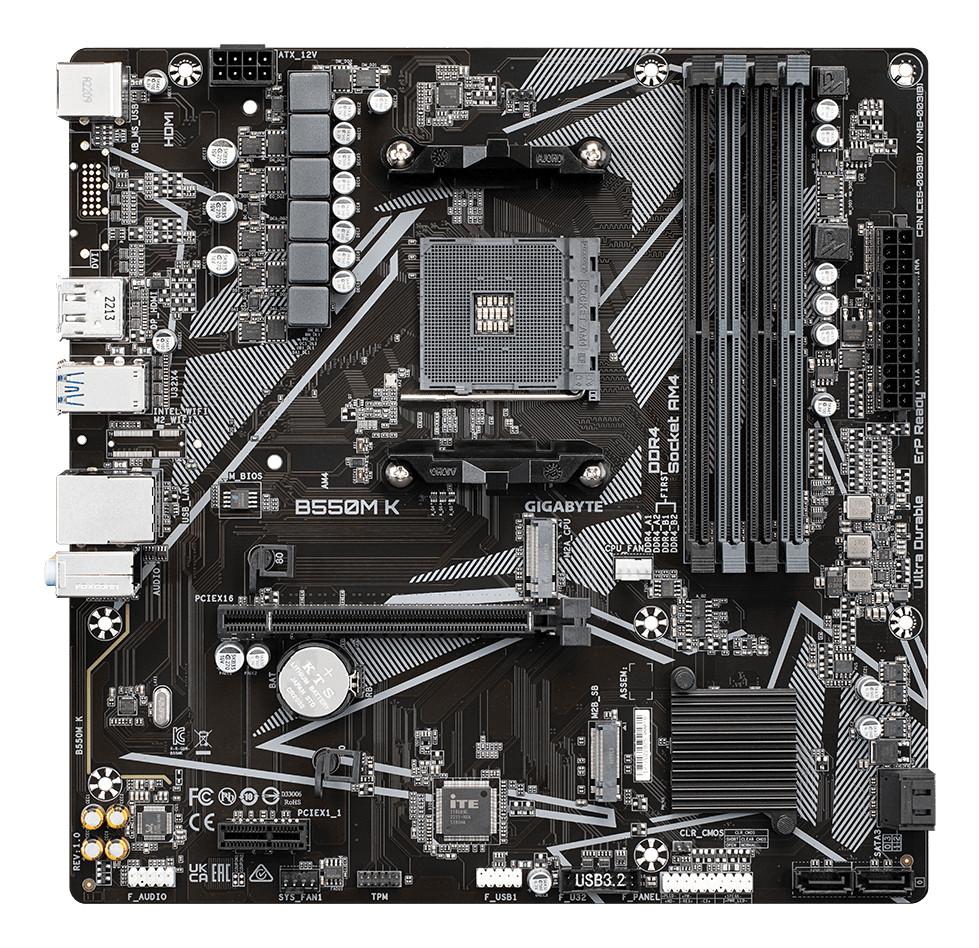 Gigabyte B550M K Mainboard – AMD Ryzen 5000 CPUs, bis zu 4733 MHz DDR4, 1xPCIe 4.0 + 1xPCIe 3.0 M.2, 1GbE LAN, USB 3.2 Gen 1