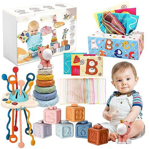 Activity-board 4 in 1 Baby Spielzeug 6 Monate - 3 Jahre, Stapelturm, UFO Silikon Zugschnur Spielzeug,