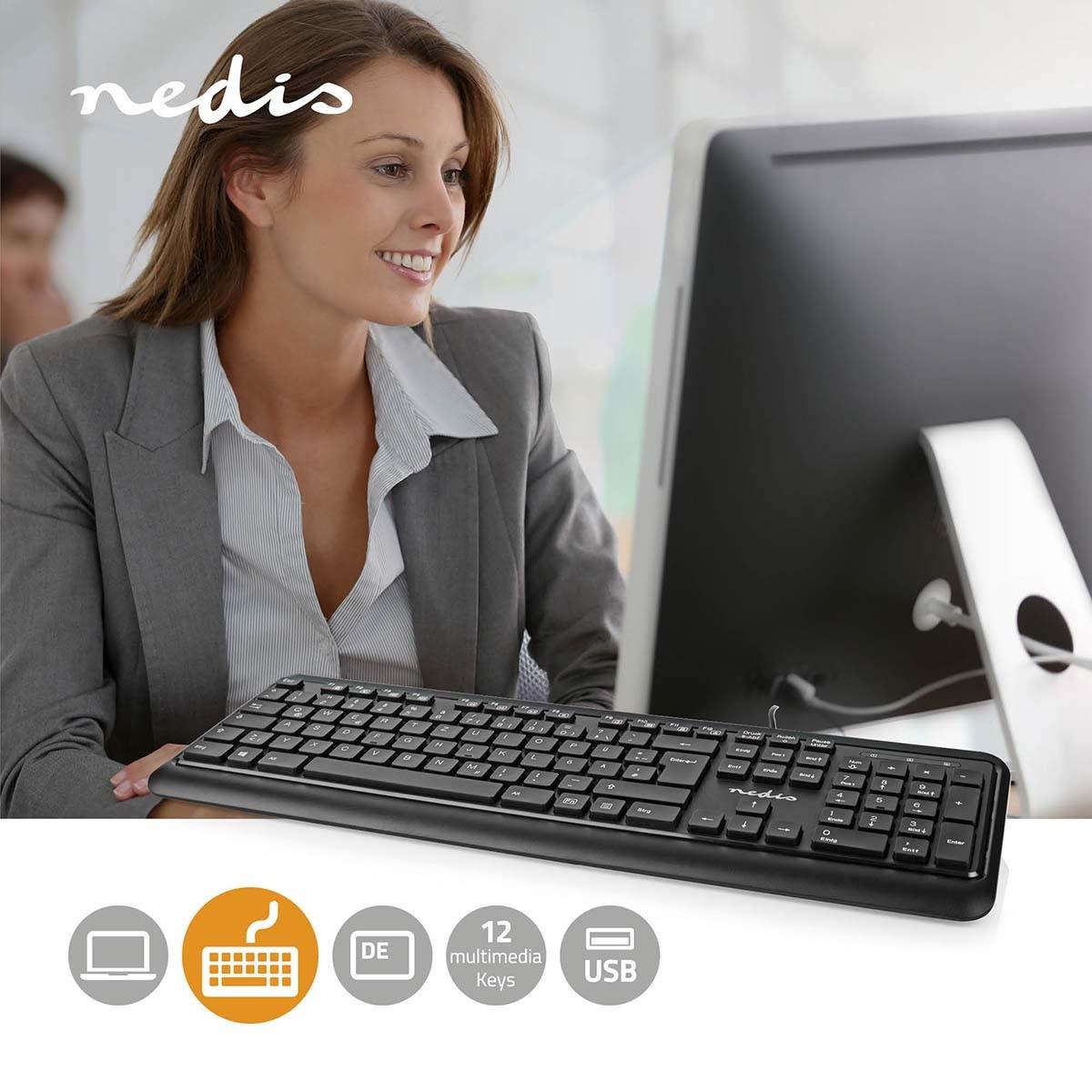 Nedis Kabelgebundene Tastatur | USB-A | Multimedia | QWERTZ | DE Layout | Ziffernblock
