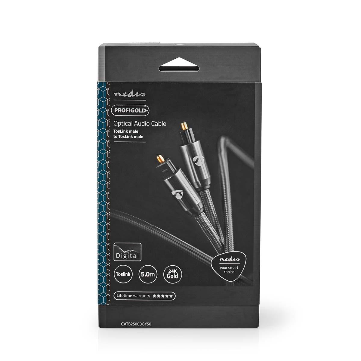 Nedis Optisches Audiokabel | TosLink Stecker | TosLink Stecker | 5,00 m | Rund | Geflochten | Grau mit Metall | Karton mit abgedecktem Fenster