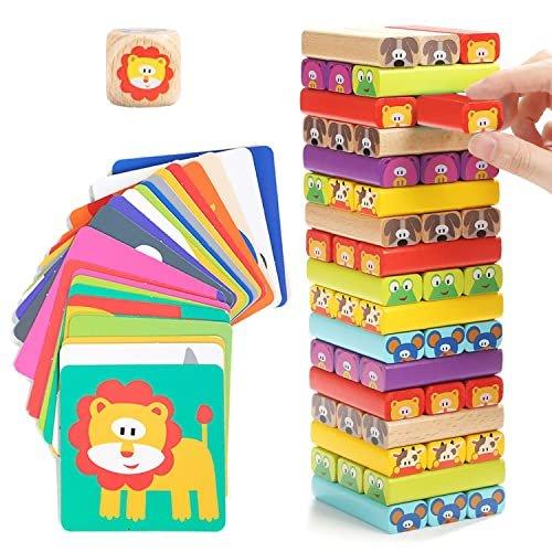 Activity-board Pädagogisches Kinderspiel ab 3 Jahre - Wackelturm 4 in 1 aus Holz mit Farben und Tieren
