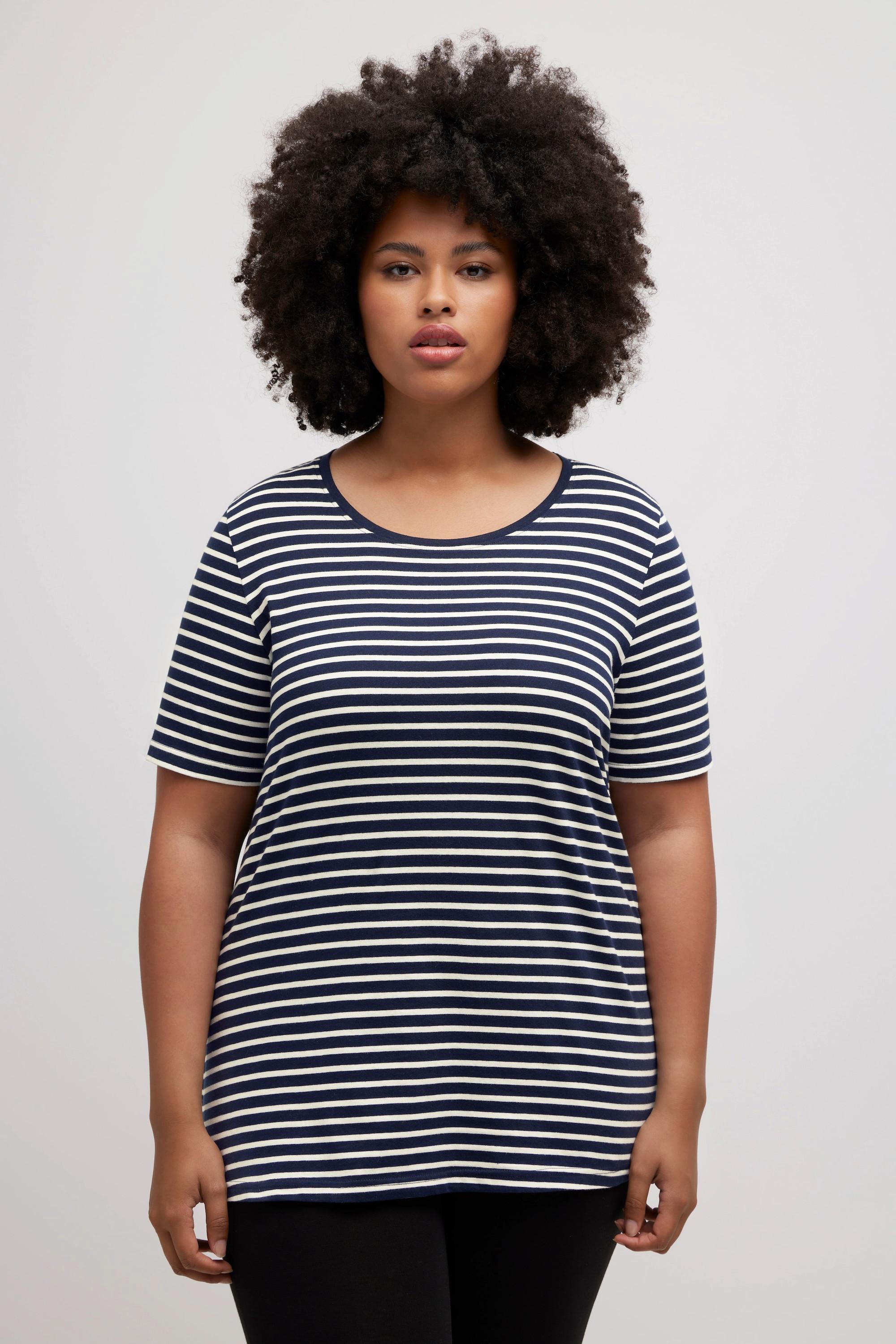 Ulla Popken Pyjamashirt, Ringel, Rundhals, Halbarm, Biobaumwolle