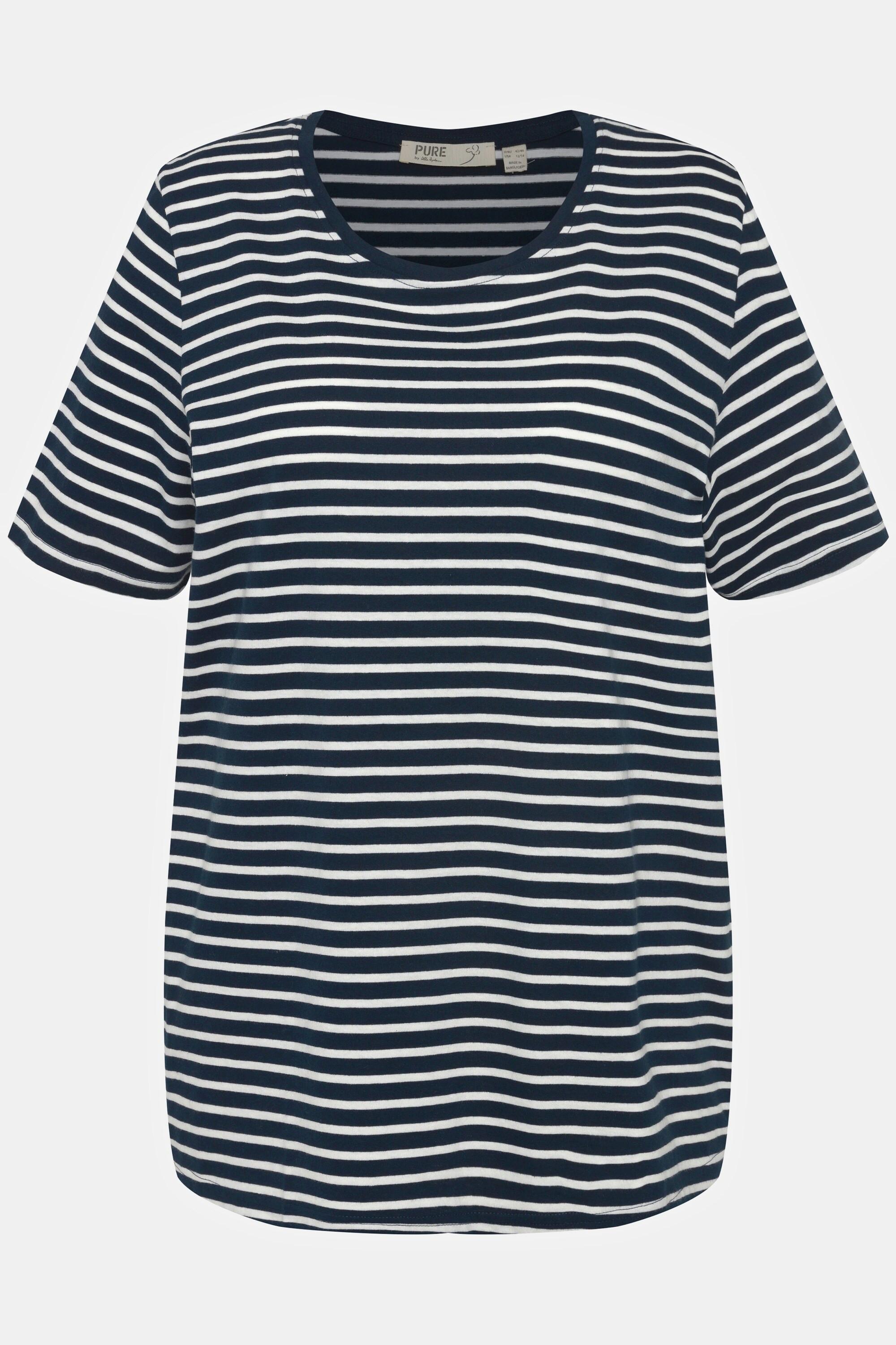 Ulla Popken Pyjamashirt, Ringel, Rundhals, Halbarm, Biobaumwolle