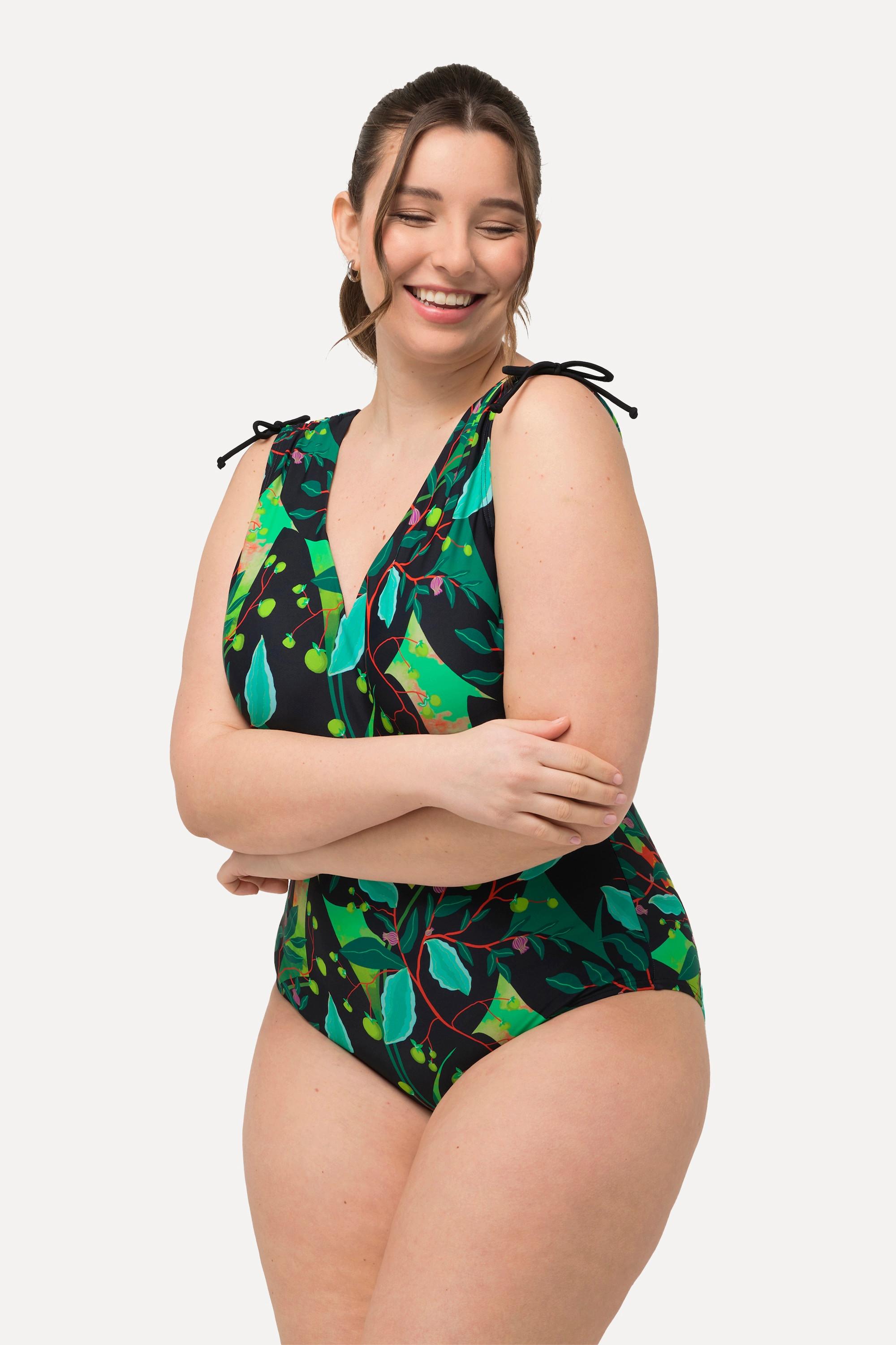 Ulla Popken Badeanzug, Blätter, geraffte Schulter, Softcups