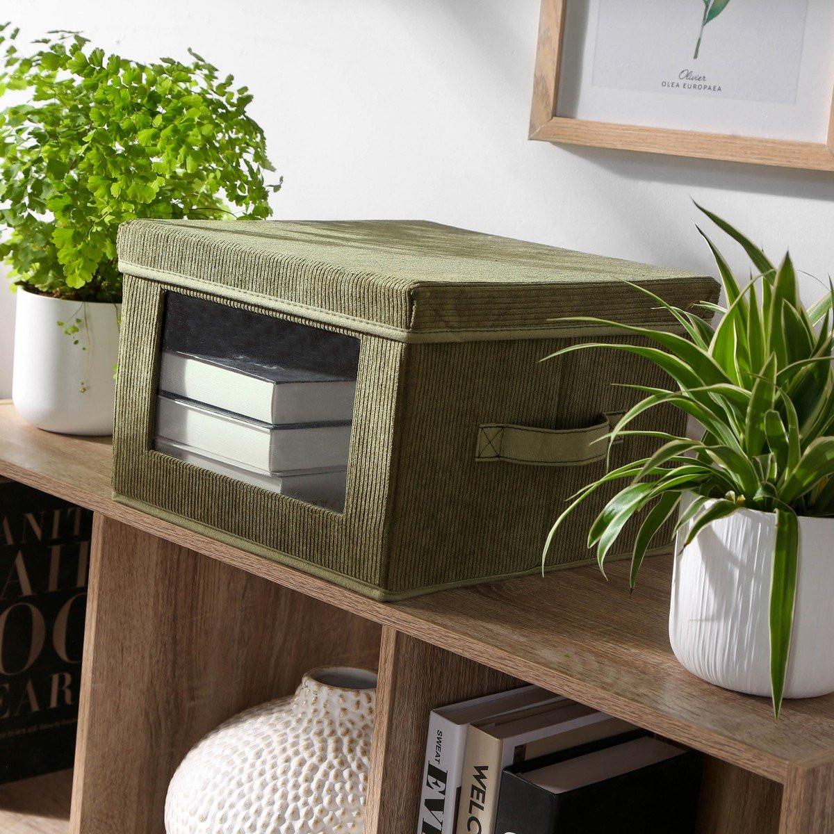 Calicosy Aufbewahrungsbox aus Kordstoff in Khaki mit transparentem Fenster - L40 cm