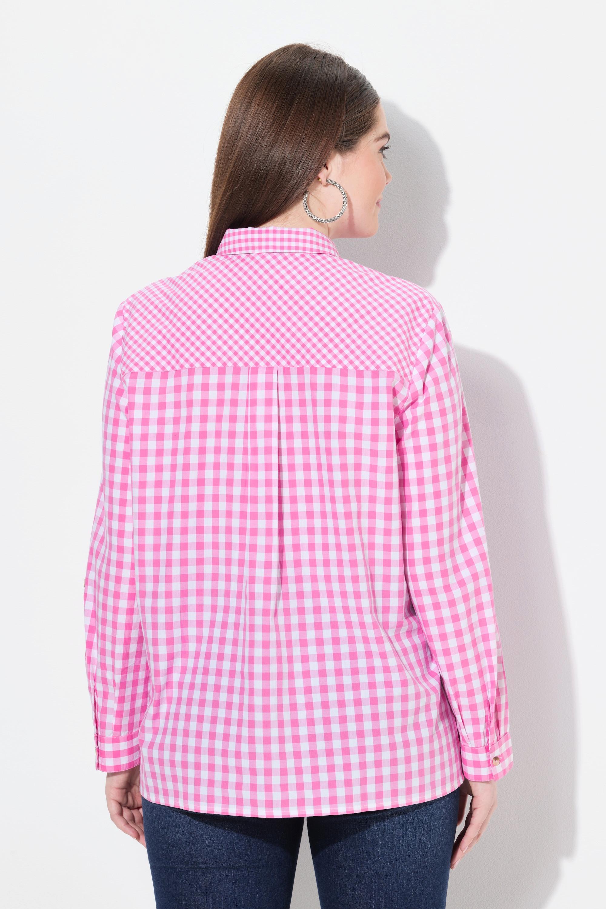 Ulla Popken Trachten-Karobluse, Hemdkragen, Langarm, Krempelriegel