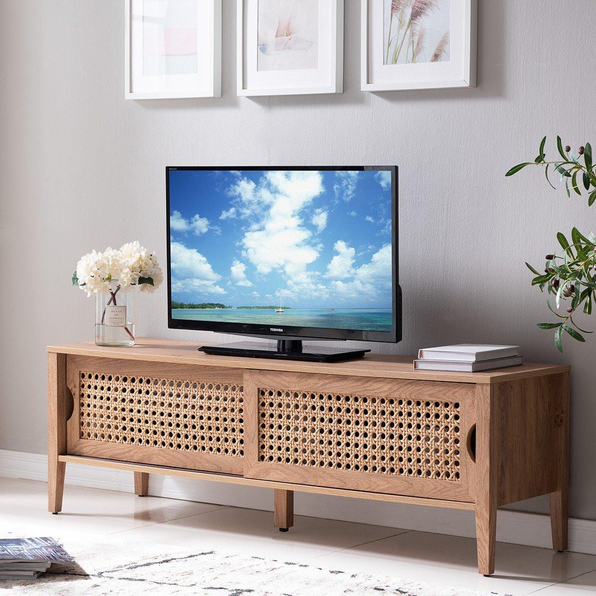 Calicosy TV-Möbel mit 2 Schiebetüren Rattan-Dekor - L138 cm