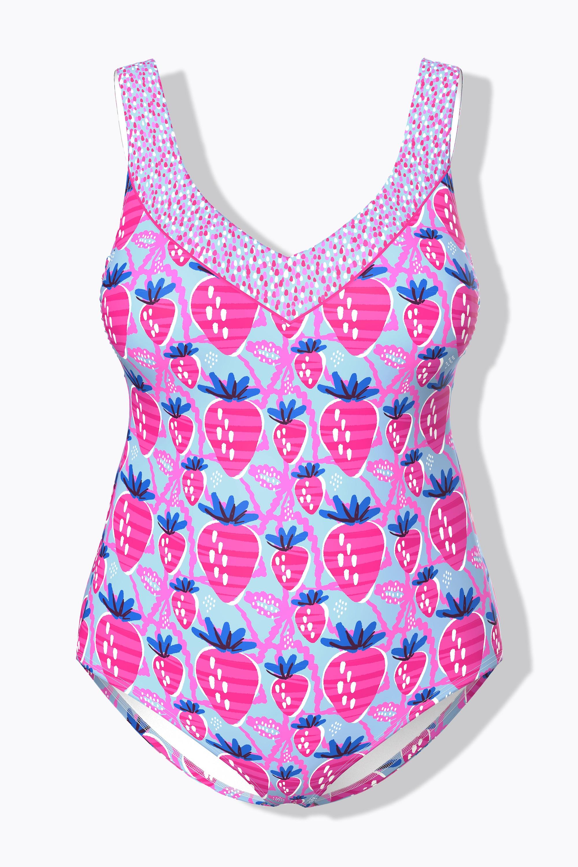 Ulla Popken Badeanzug, Erdbeeren, Softcups, Komplettfutter, recycelt