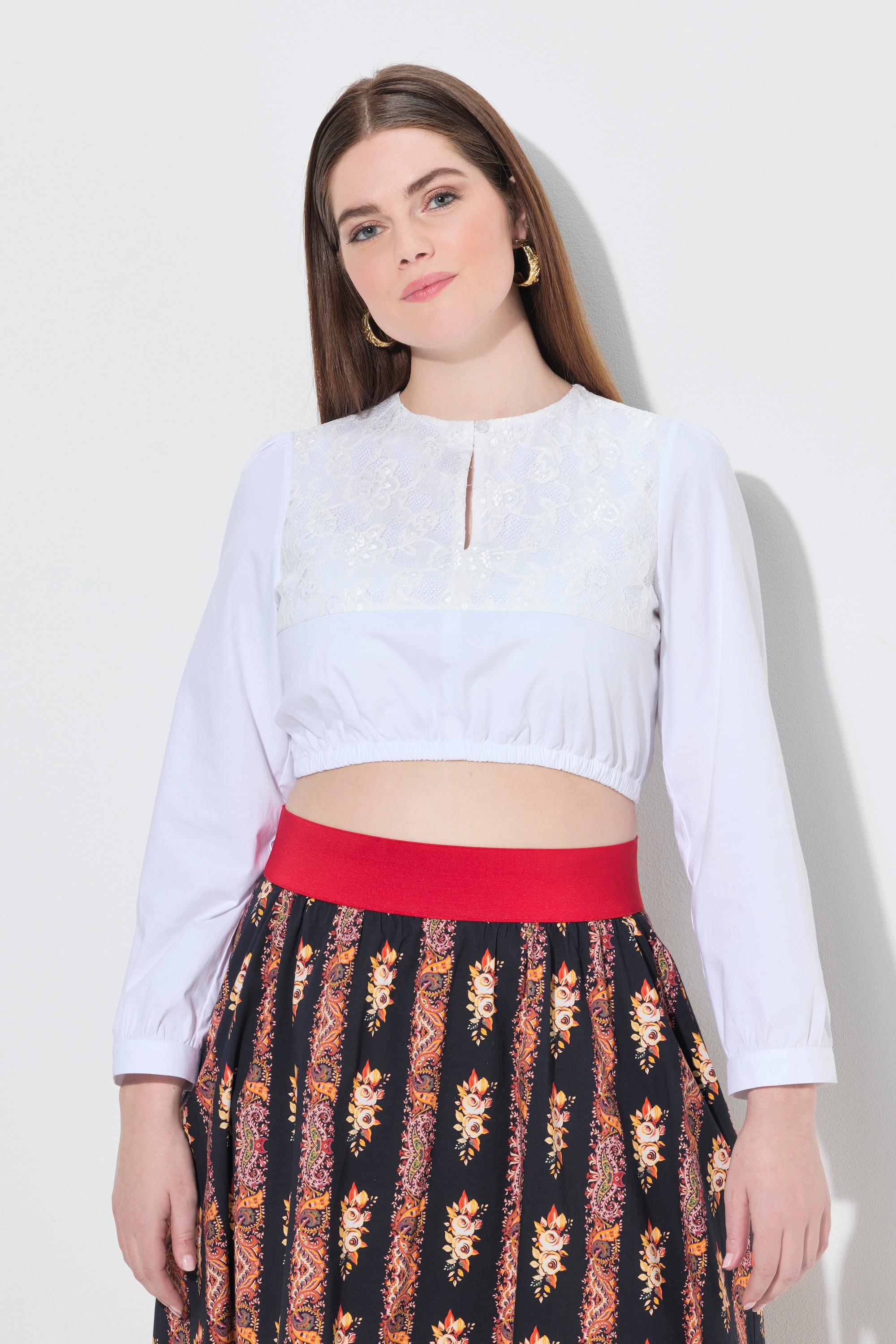 Ulla Popken Dirndlbluse, Spitze, Rundhals, Langarm, Gummisaum