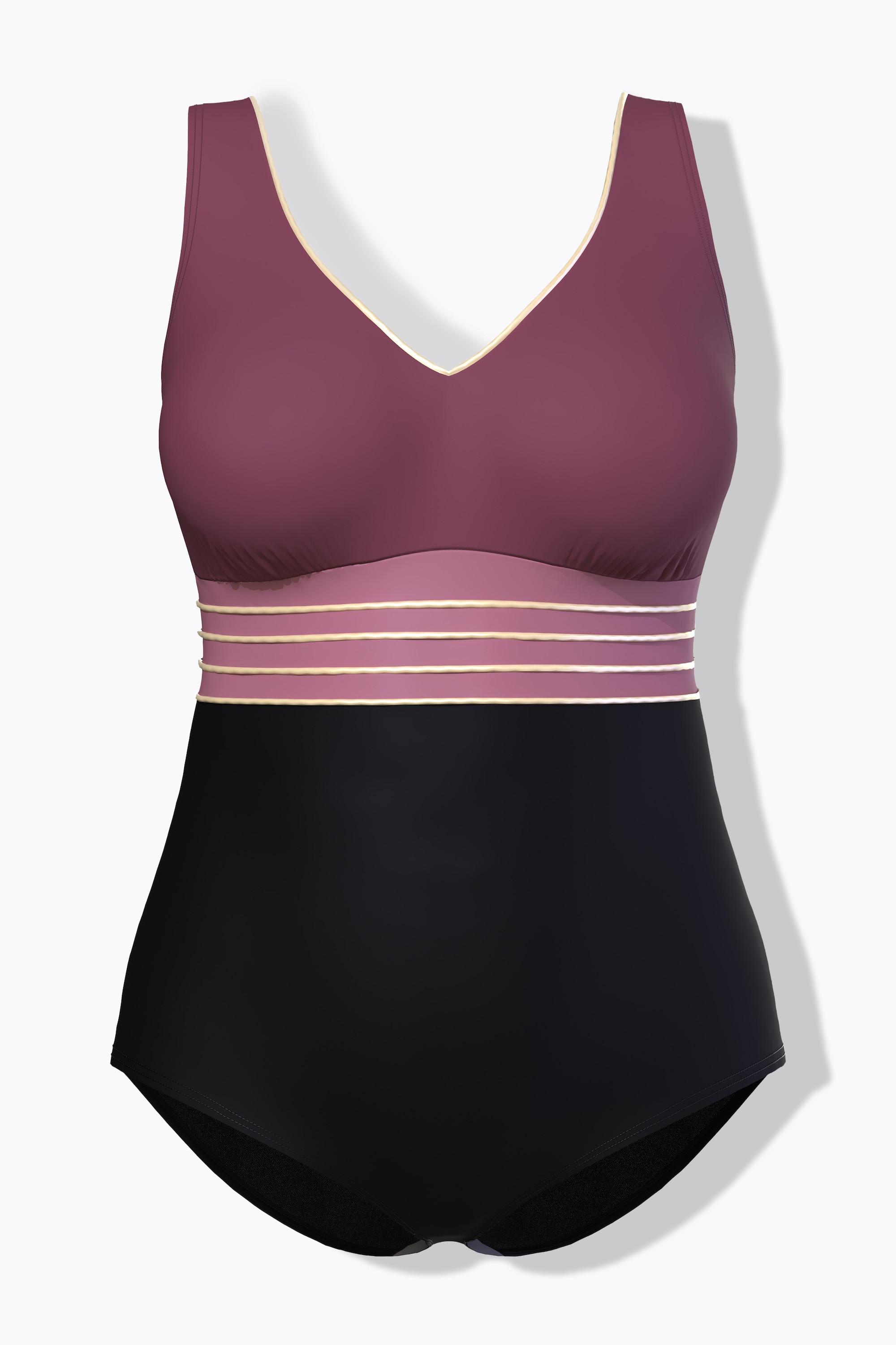 Ulla Popken Badeanzug, Gold-Piping, Softcups, V-Ausschnitt, recycelt