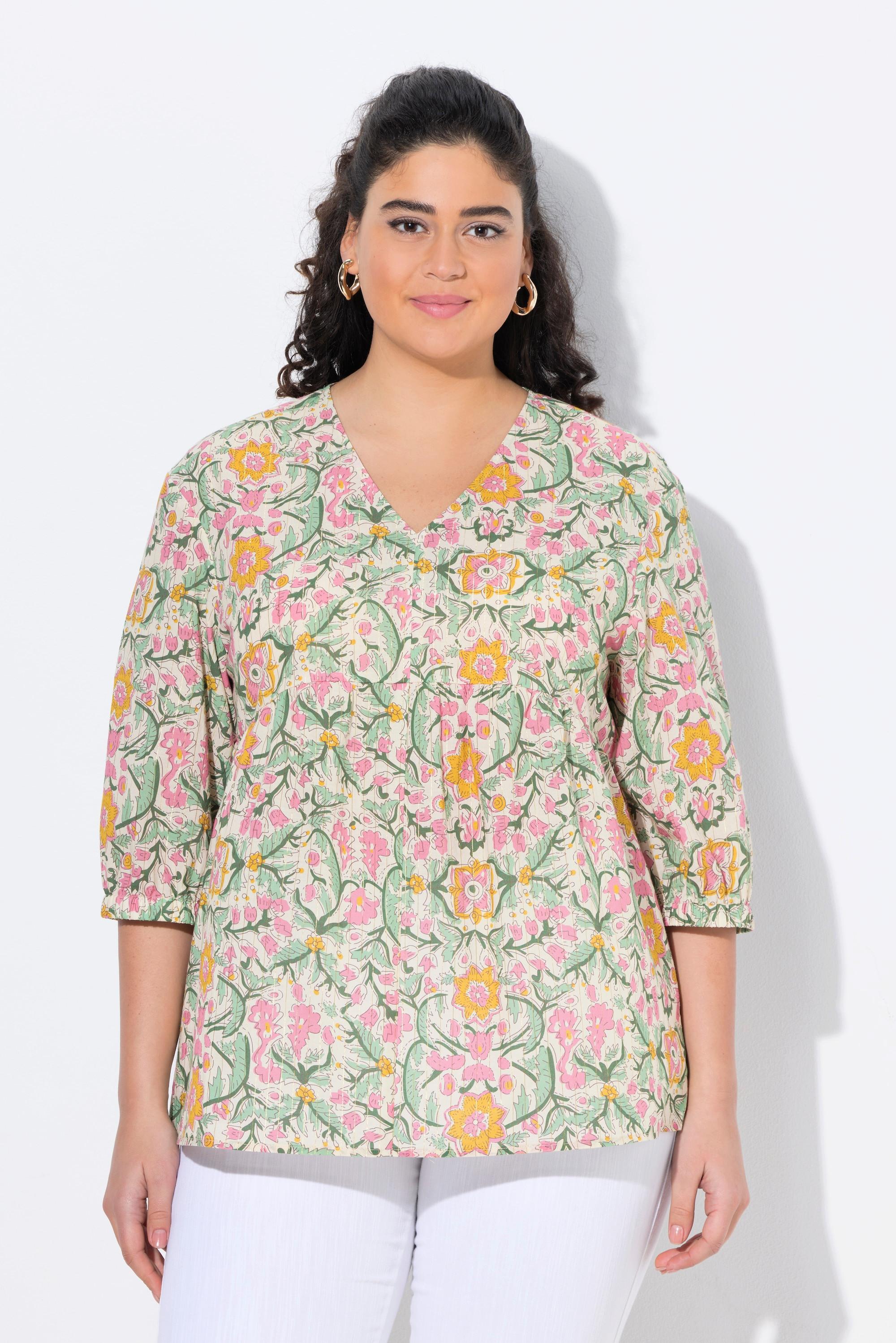 Ulla Popken Bluse, Blüten, A-Linie, V-Ausschnitt, 3/4-Arm