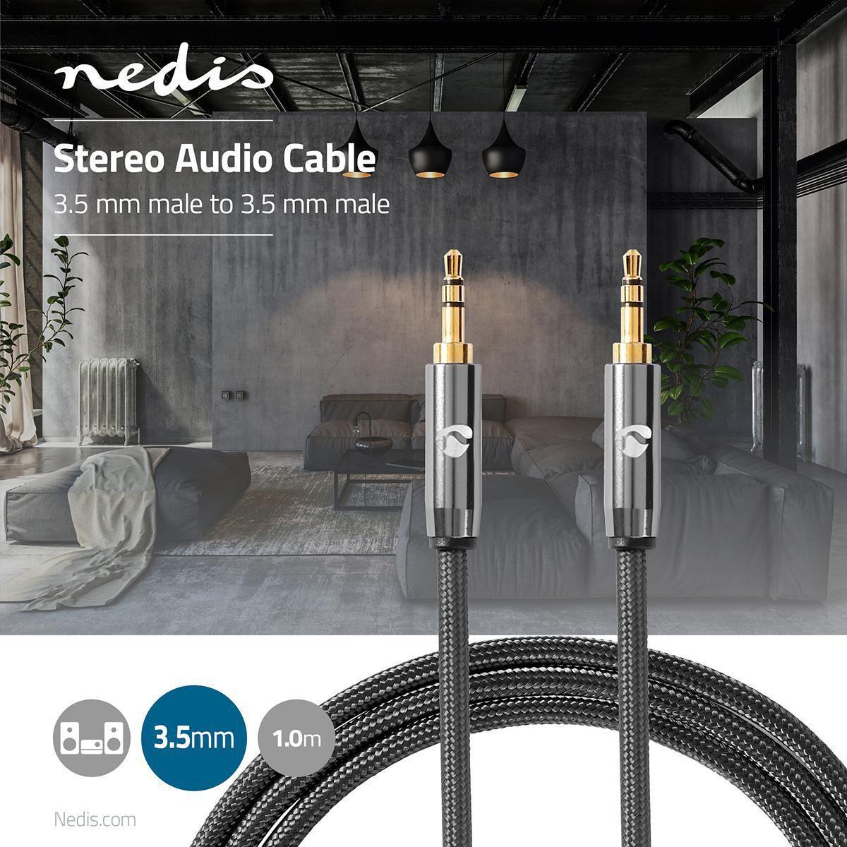 Nedis Stereo-Audiokabel | 3,5 mm Stecker | 3,5 mm Stecker | Vergoldet | 1,00 m | Rund | Anthrazit / Grau mit Metall | Karton mit Sichtfenster