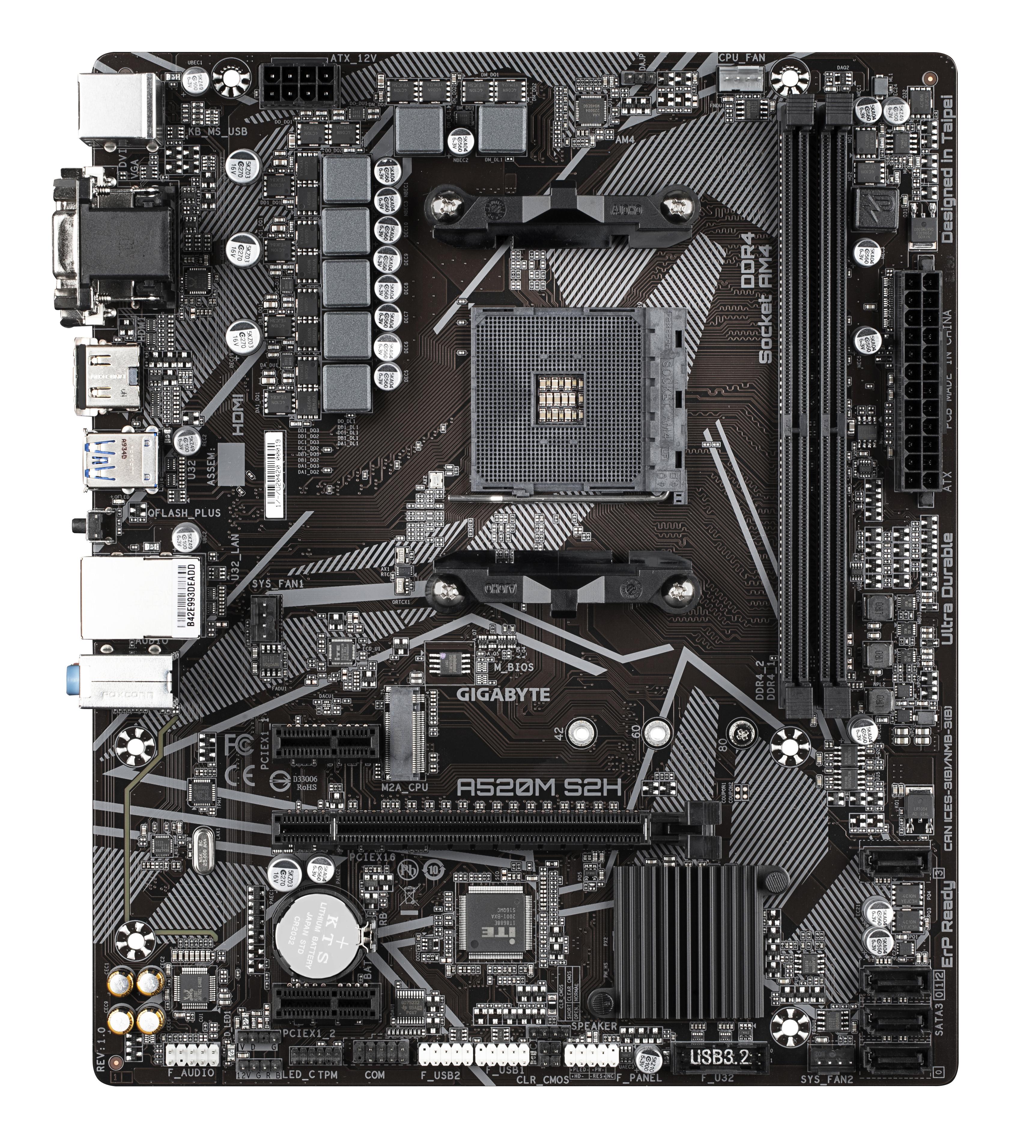 Gigabyte A520M S2H, AMD A520 Mainboard - Sockel AM4 (AM4, AMD A520, mATX)