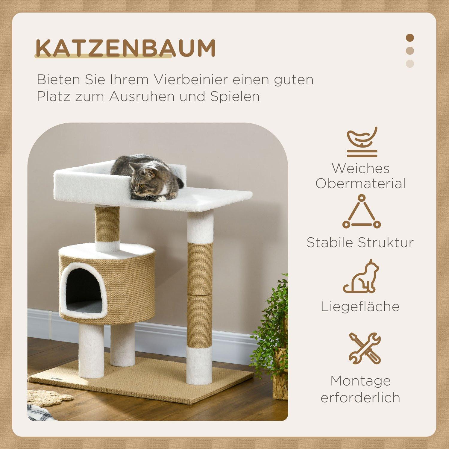 Northio Kratzbaum 79Cm Kleiner Katzenbaum Mit Katzenhöhle & Liegefläche, Für Katzen Bis 8Kg, Jute, Braun/Weiß
