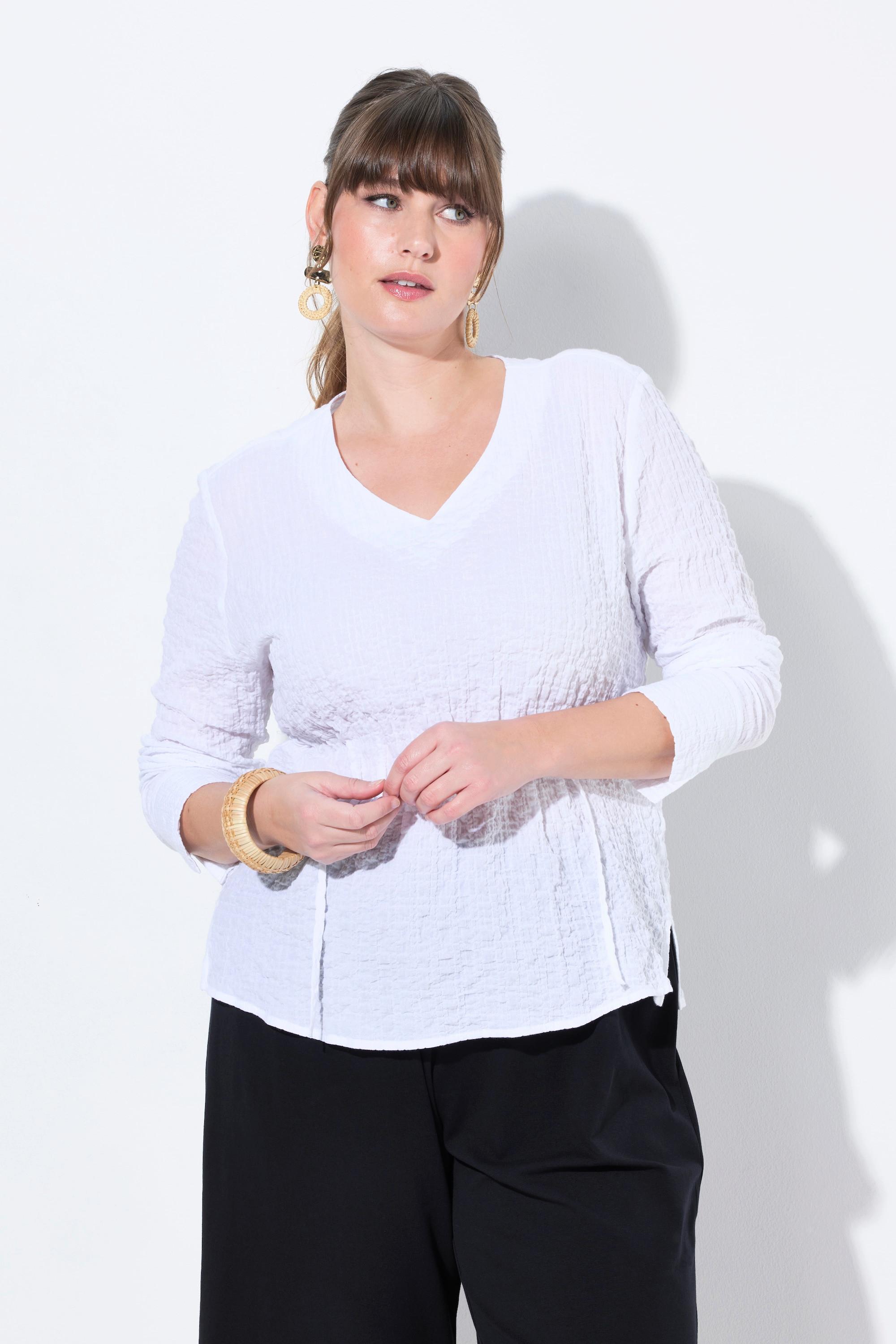 Ulla Popken Tunika-Bluse, Raffung, V-Ausschnitt, Langarm, Biobaumwolle