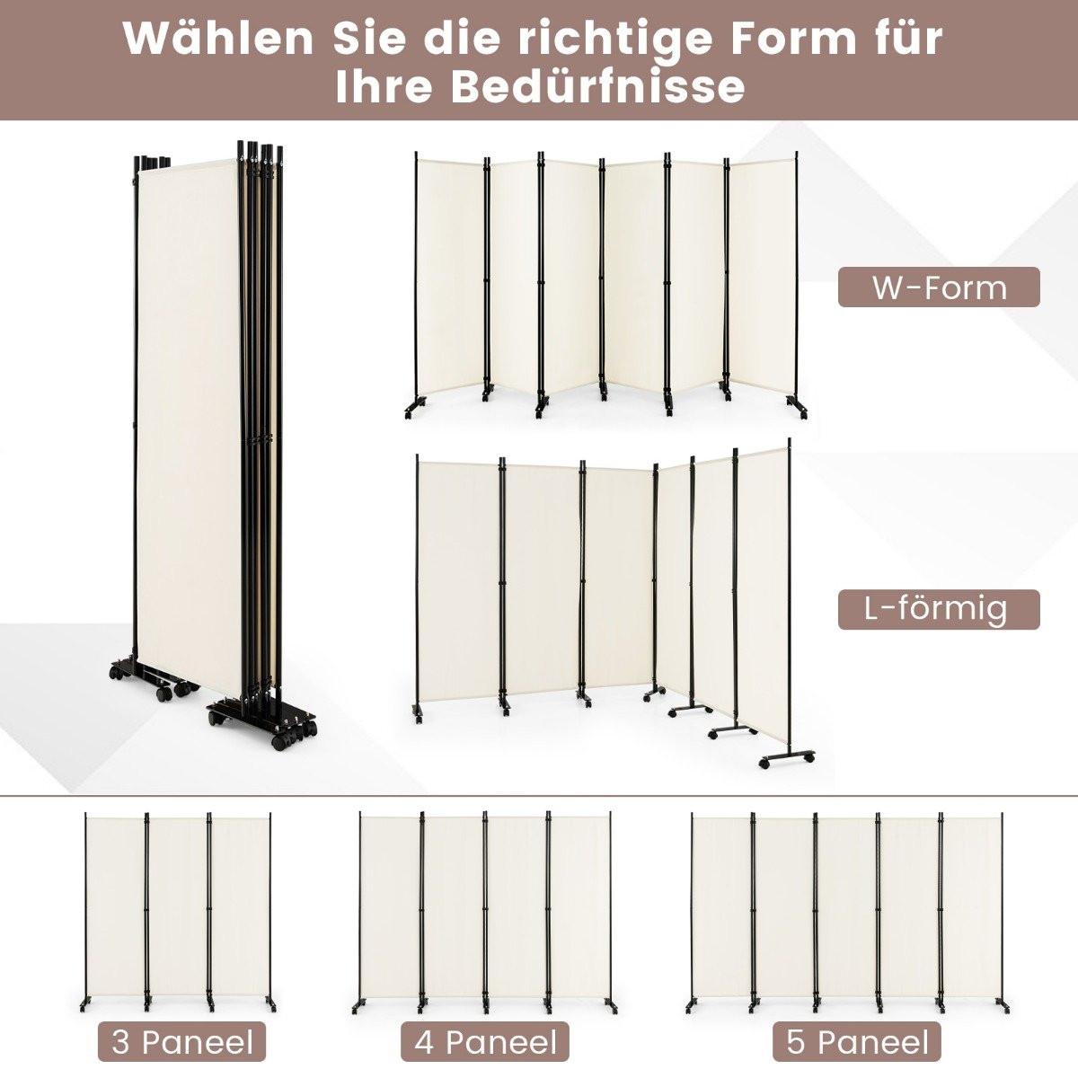 B2X 6-Teiliger Faltbarer Raumteiler Hoher Sichtschutz mit Feststellbaren Rädern Beige