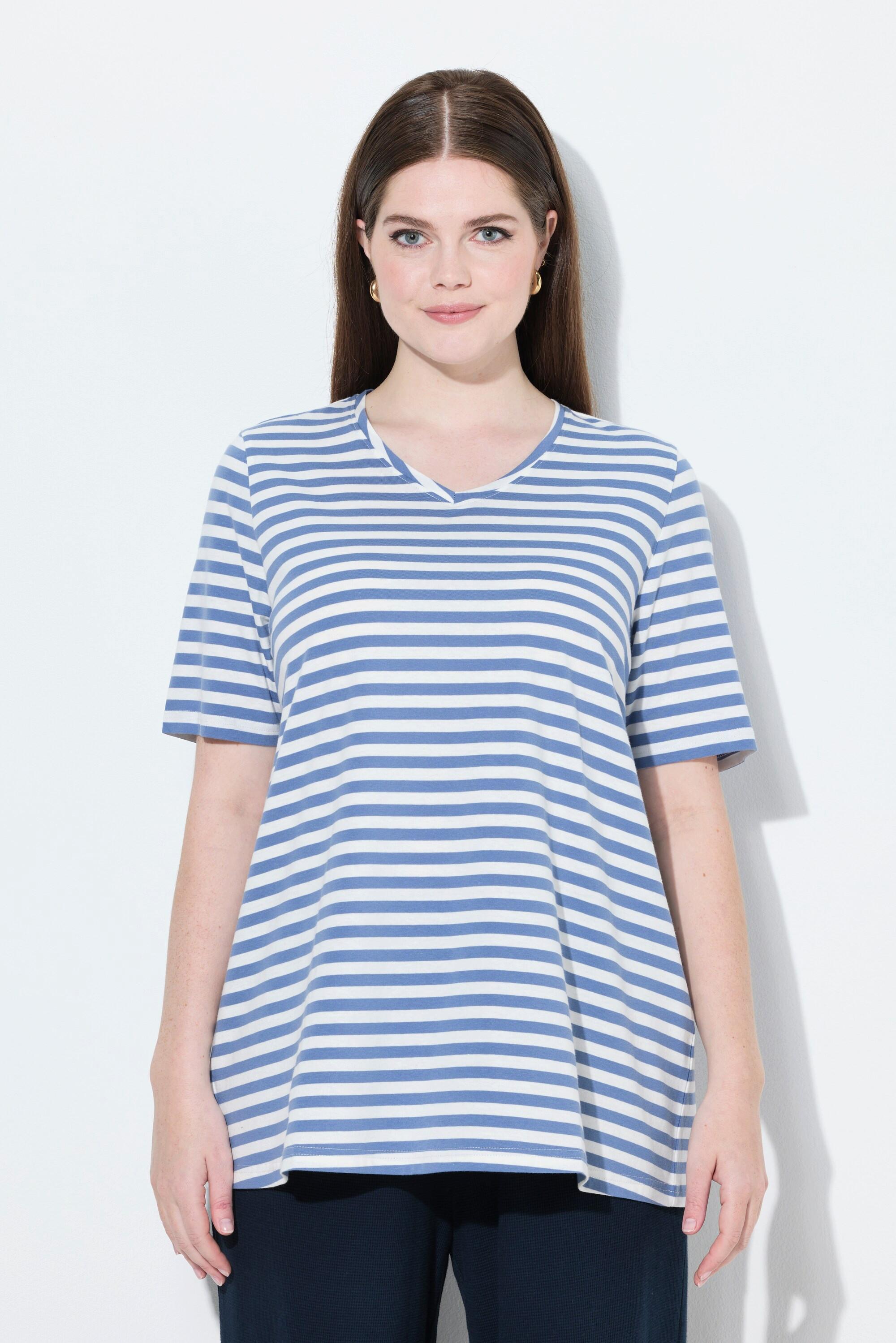 Ulla Popken T-Shirts 2er-Pack Ringel Uni V-Ausschnitt Halbarm