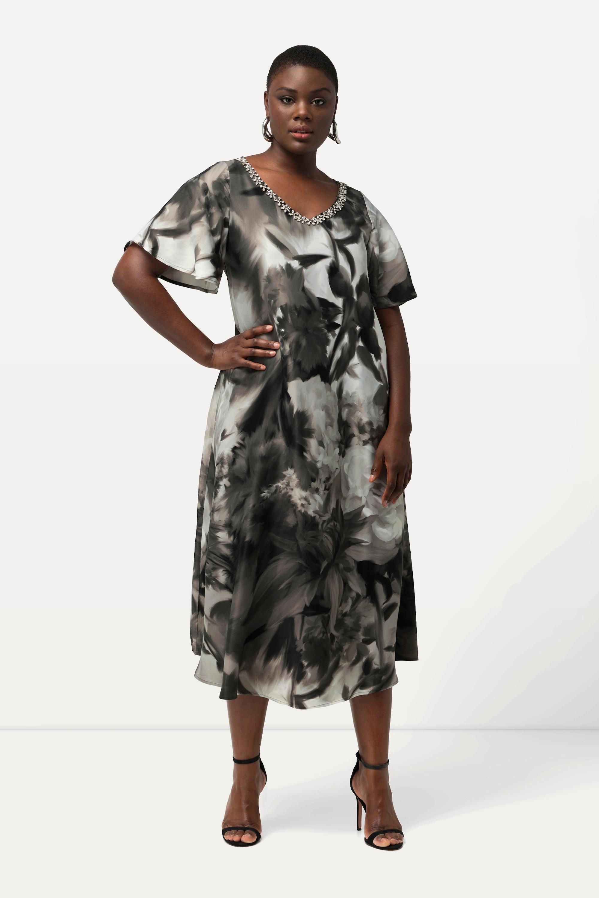 Ulla Popken Midikleid Blüten Ziersteine V-Ausschnitt Halbarm