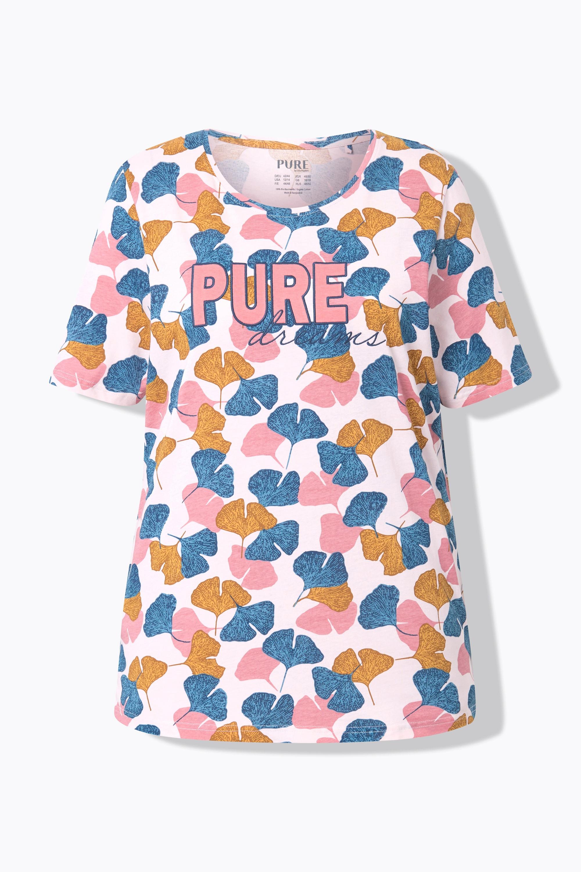 Ulla Popken Pyjamashirt, Gingko, Rundhals, Halbarm
