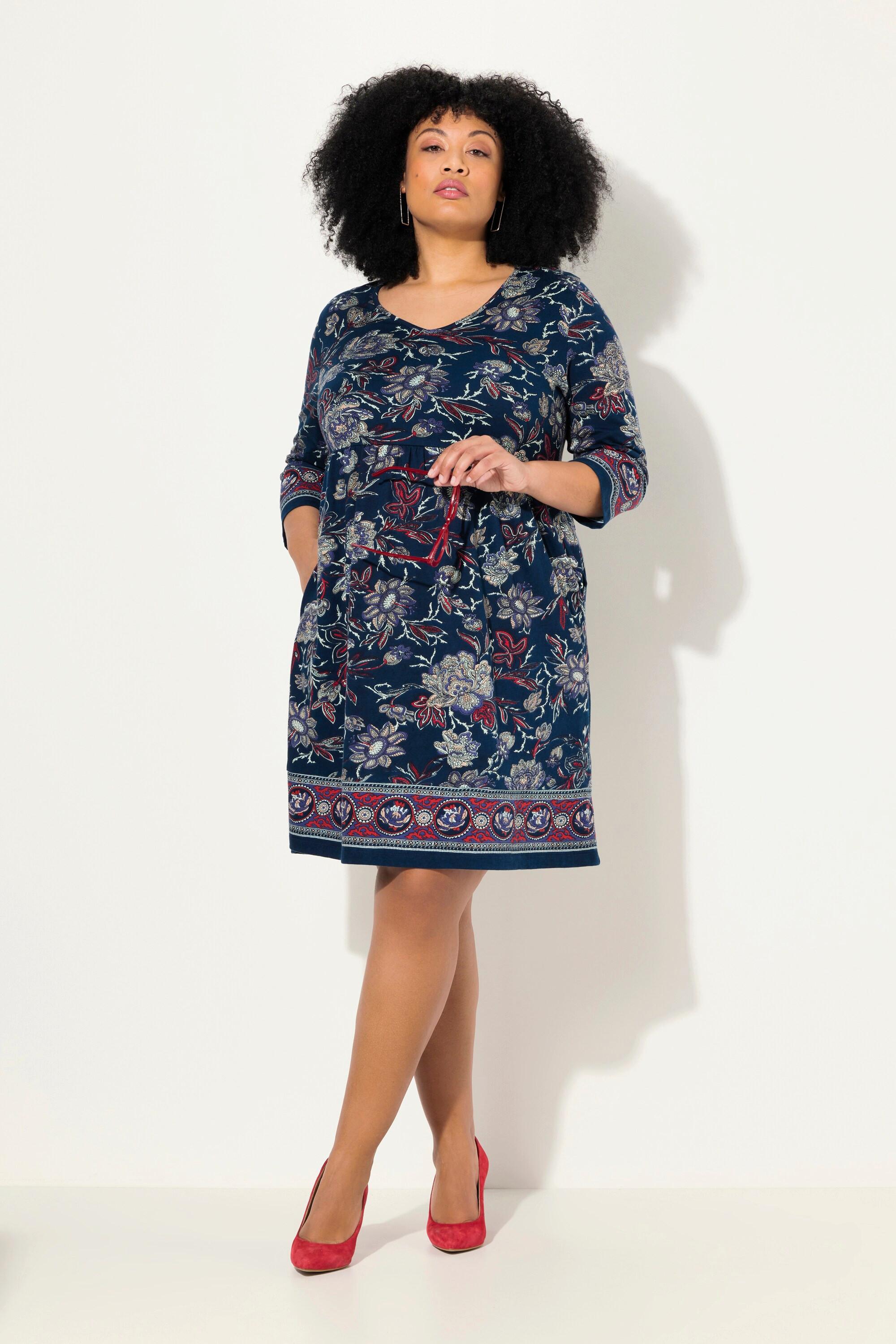 Ulla Popken Jerseykleid Blüten A-Linie V-Ausschnitt 3/4-Arm