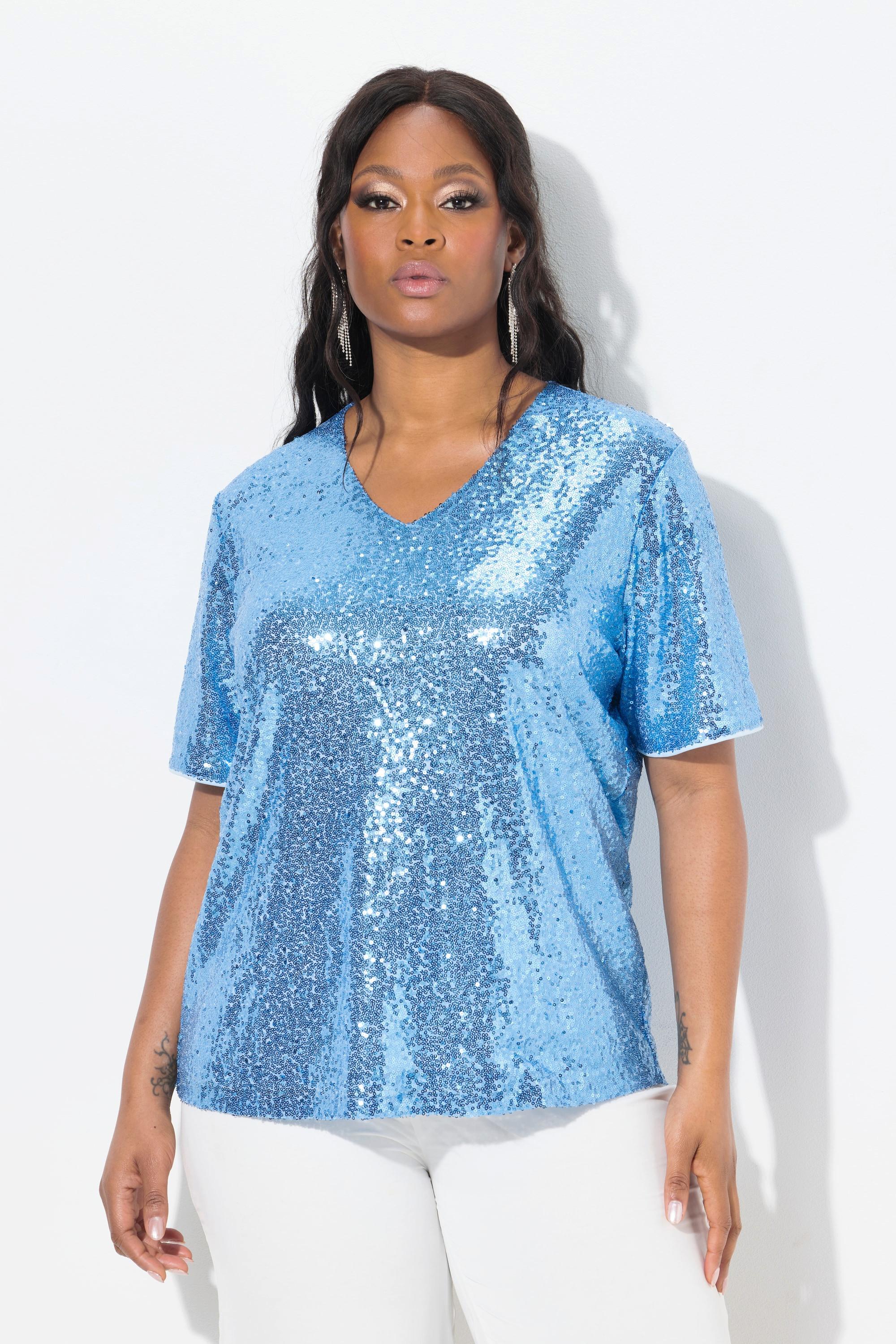 Ulla Popken Pailletten V-Ausschnitt Halbarm Blusenshirt