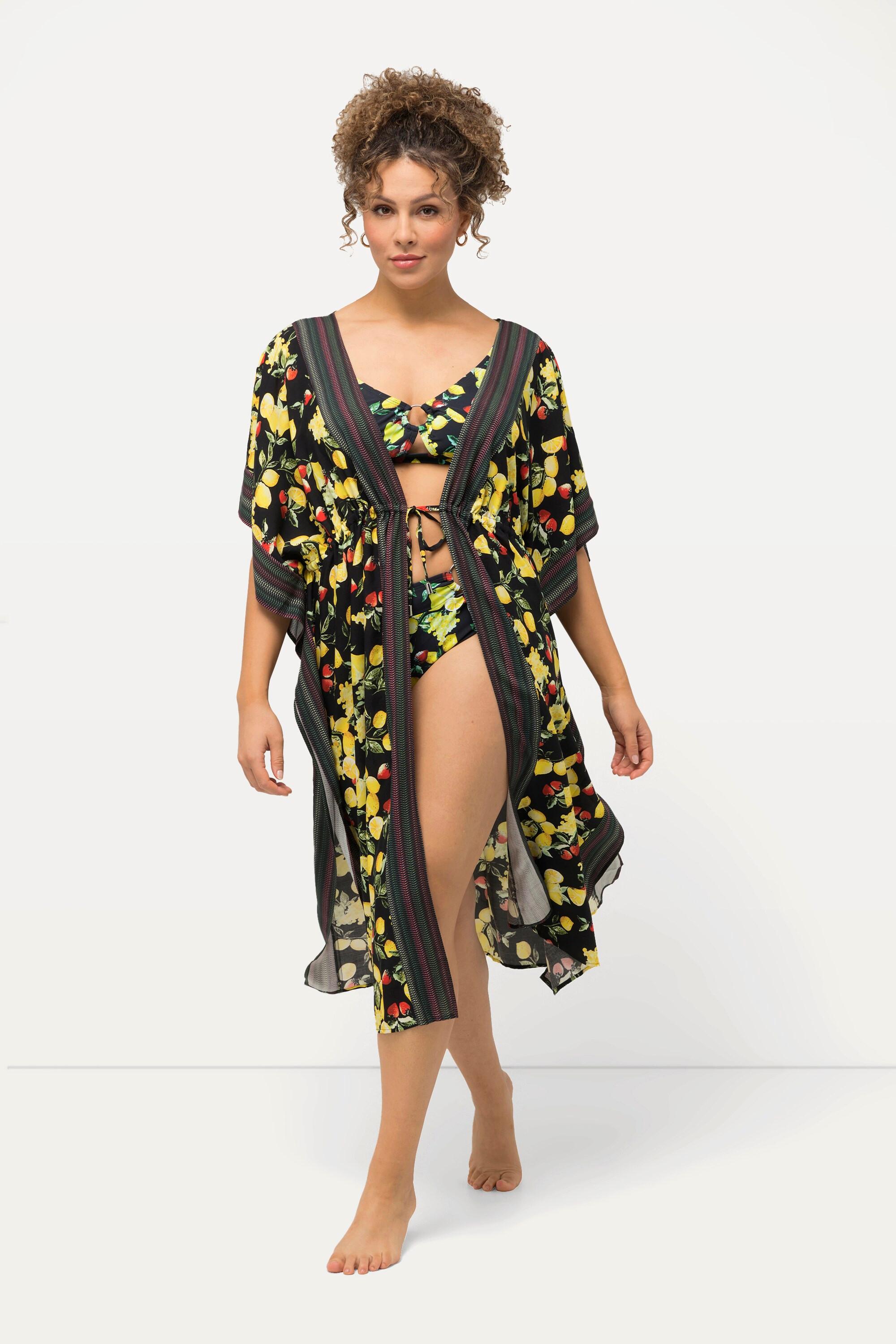 Ulla Popken Zitronen Print Bordüren V-Ausschnitt Halbarm Kaftan