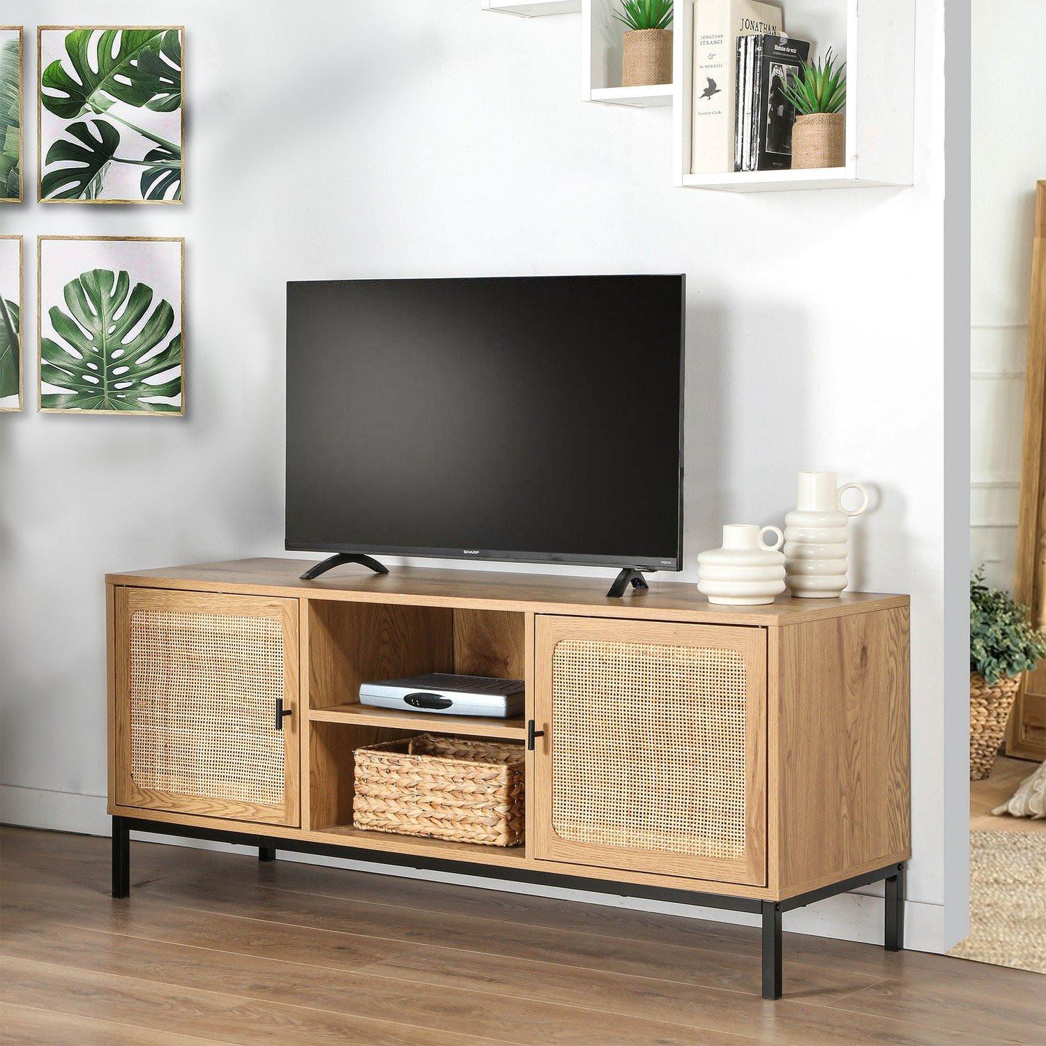 Calicosy TV-Möbel mit 2 Türen, Rattangeflecht und 2 Ablagen - L120cm