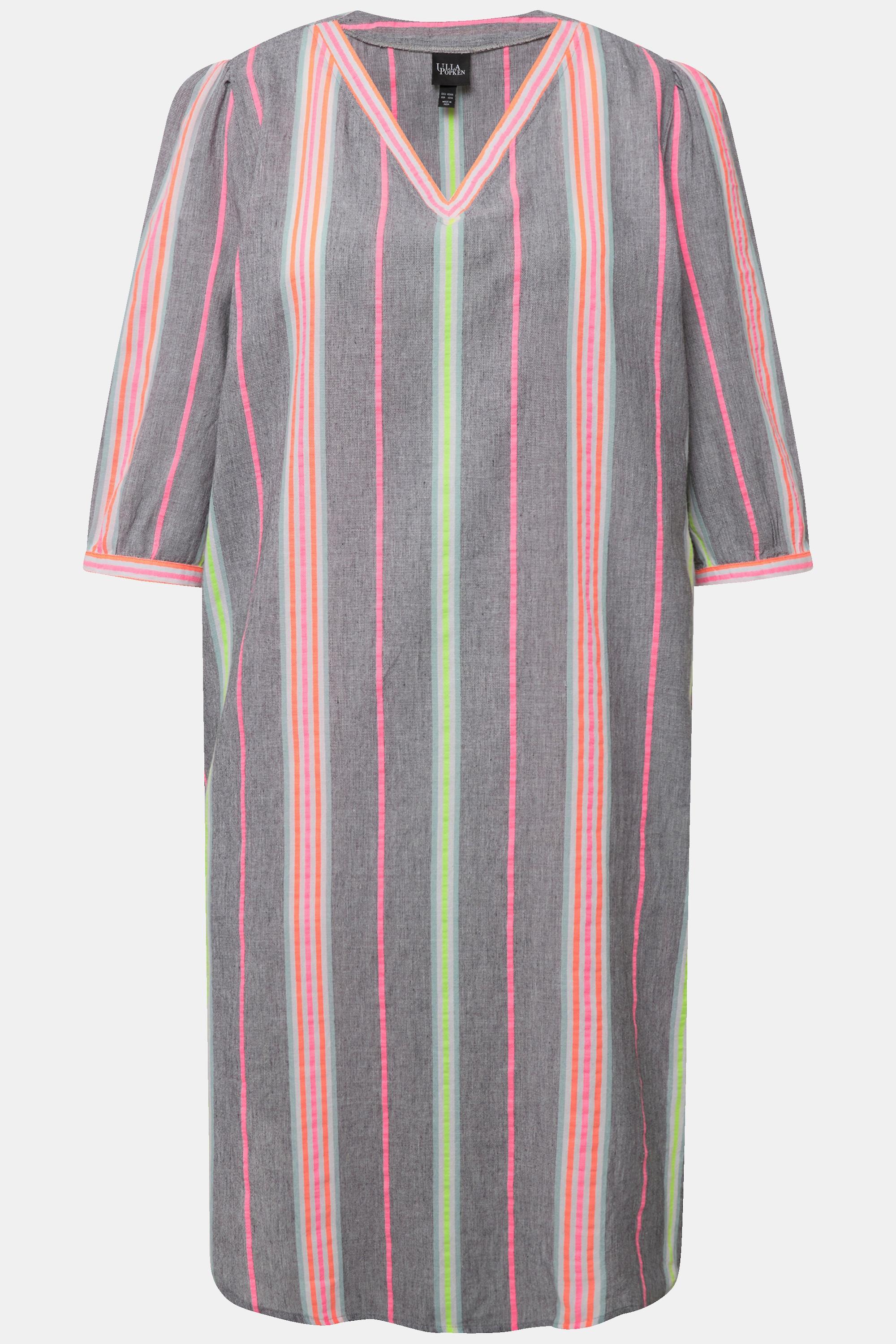 Ulla Popken Gestreifter Oversized V-Ausschnitt 3/4 Arm Kaftan