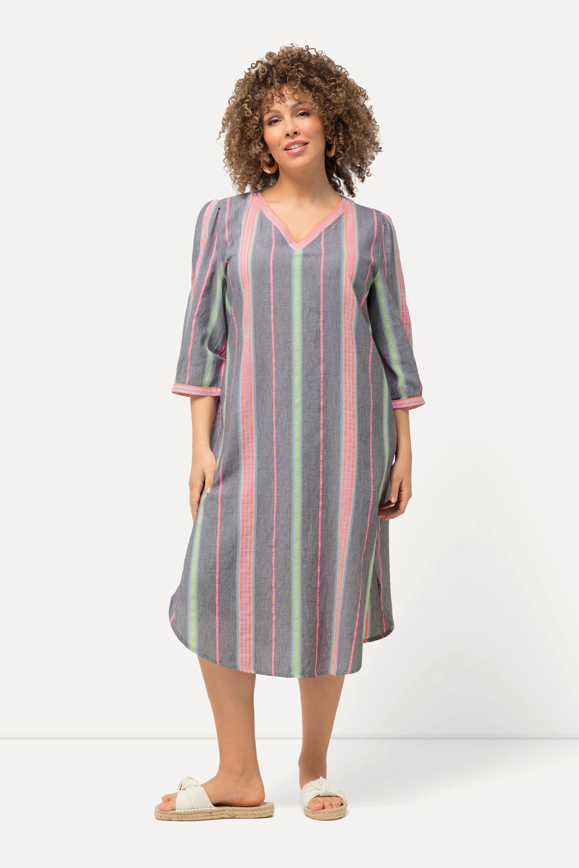 Ulla Popken Gestreifter Oversized V-Ausschnitt 3/4 Arm Kaftan