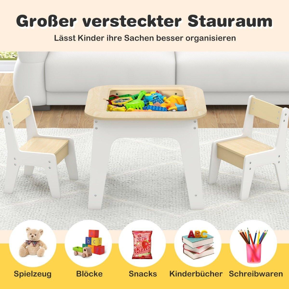 Northix Kindertisch mit 2 Stühlen 3 TLG Kindersitzgruppe Holz mit Doppelseitiger Tischplatte